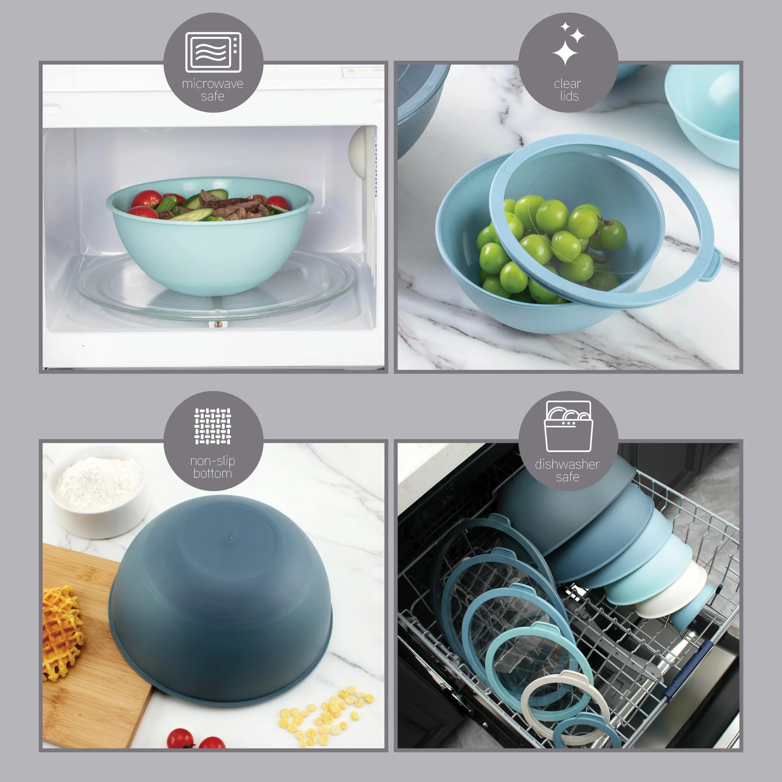 COOK WITH COLOR Mixing Bowls with Non Slip Bottom - 12 Piece Plastic Nesting Bowls Set includes 6 Prep Bowls and 6 Tritan Lids - Microwave Safe (Blue) - Image 5