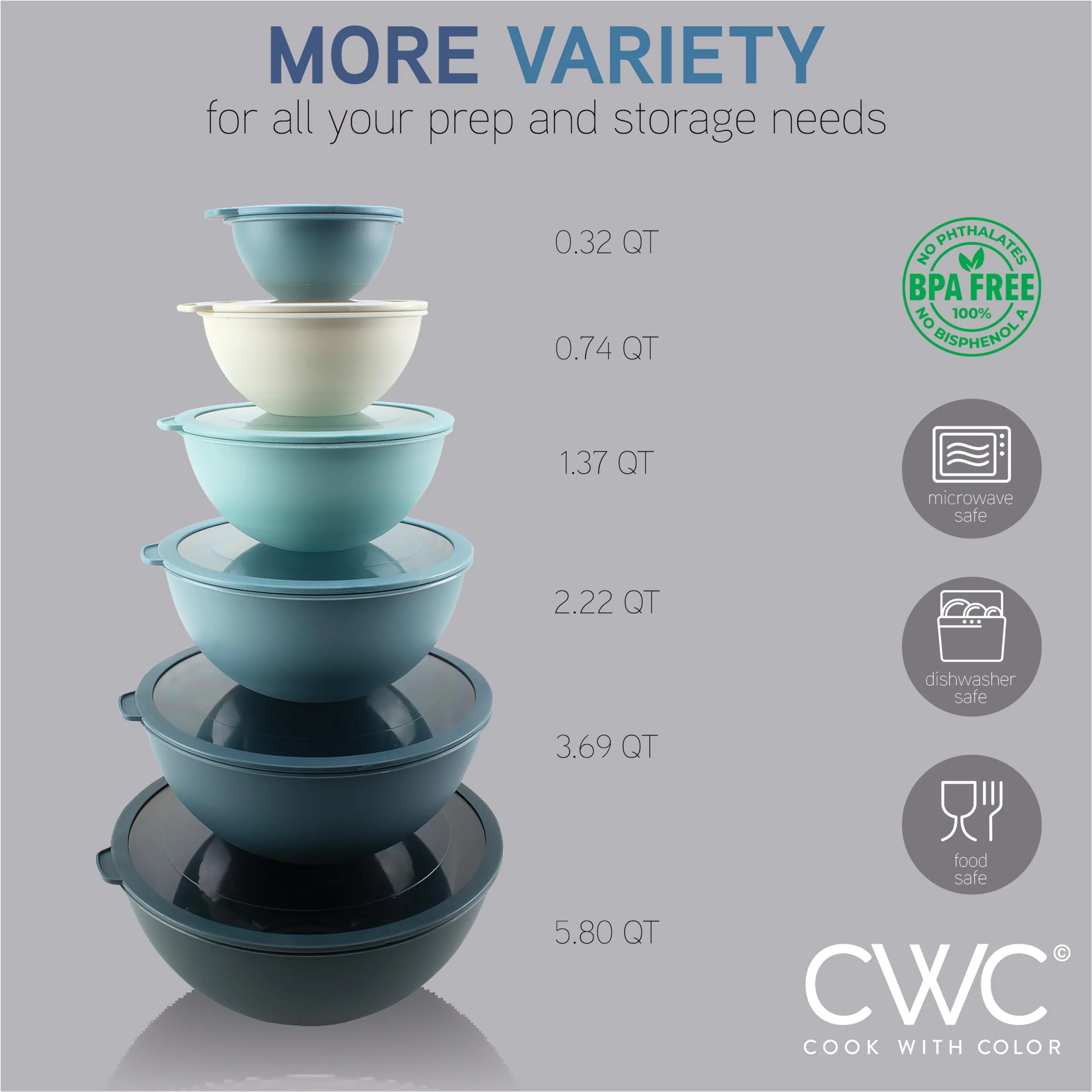 COOK WITH COLOR Mixing Bowls with Non Slip Bottom - 12 Piece Plastic Nesting Bowls Set includes 6 Prep Bowls and 6 Tritan Lids - Microwave Safe (Blue) - Image 6