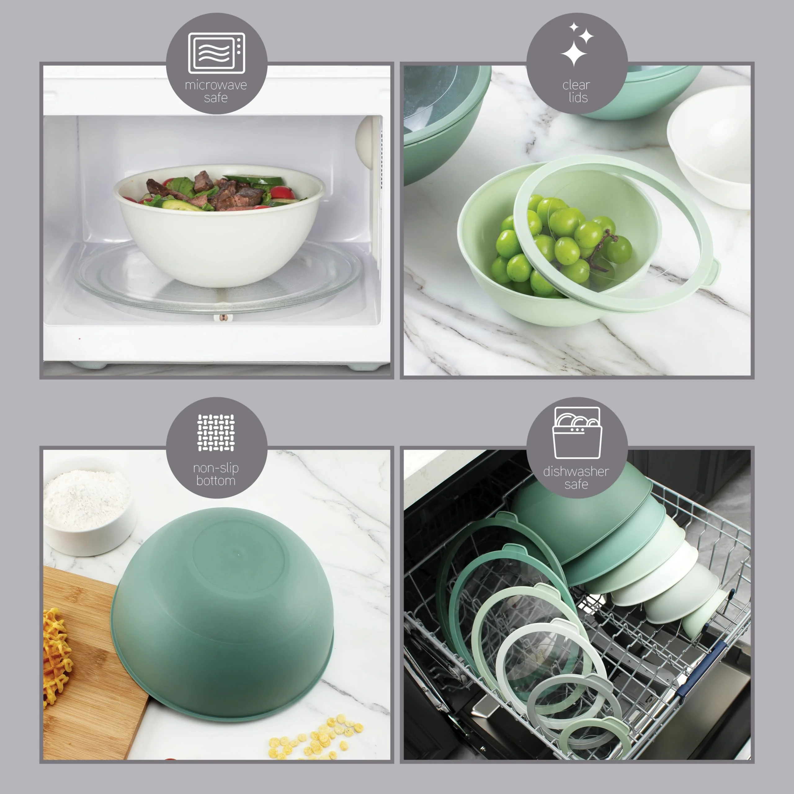 COOK WITH COLOR Mixing Bowls with Non Slip Bottom - 12 Piece Plastic Nesting Bowls Set includes 6 Prep Bowls and 6 Tritan Lids - Microwave Safe (Sage) - Image 6