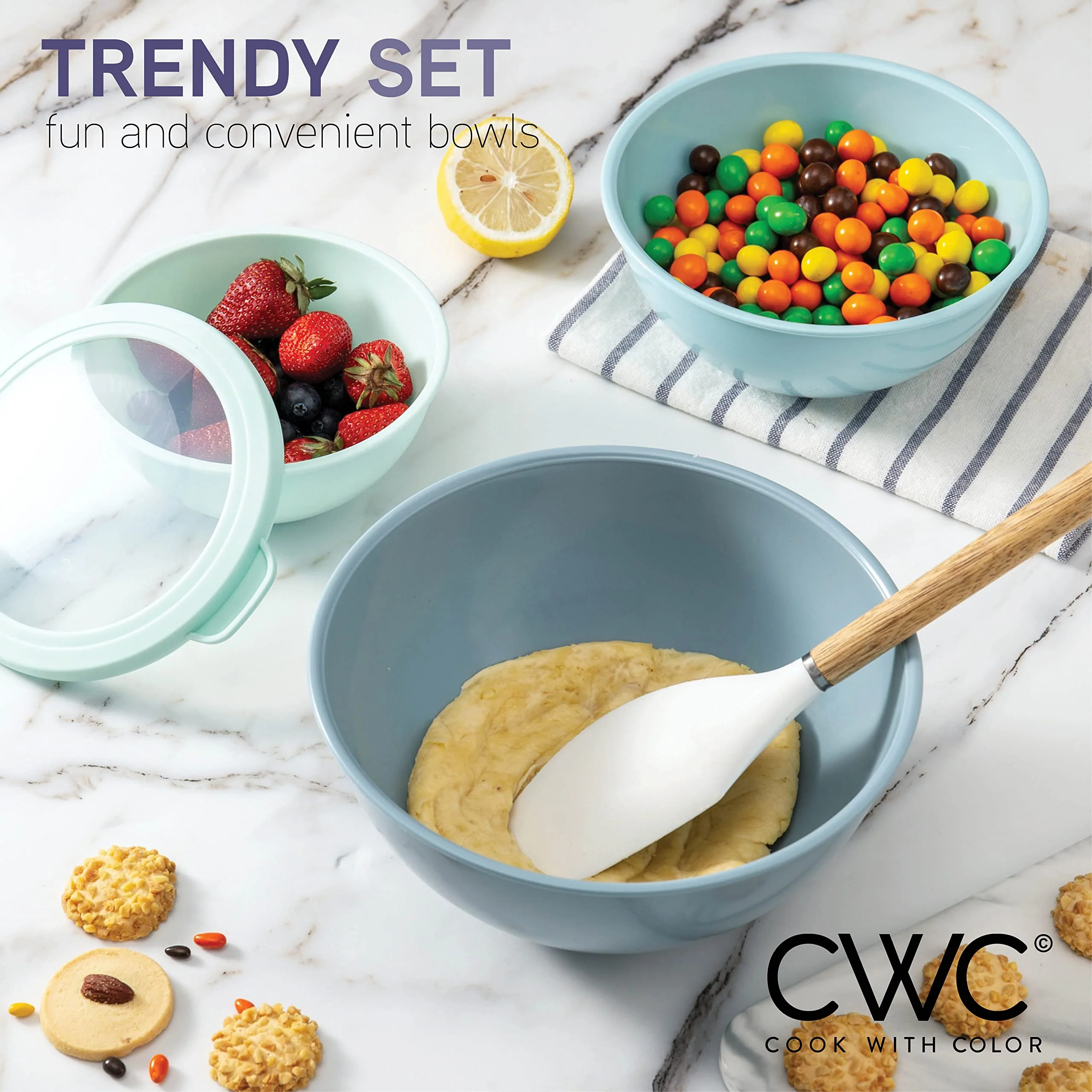 COOK WITH COLOR Mixing Bowls with TPR Lids - 12 Piece Plastic Nesting Bowls Set includes 6 Prep Bowls and 6 Lids, Microwave Safe (Blue) - Image 5