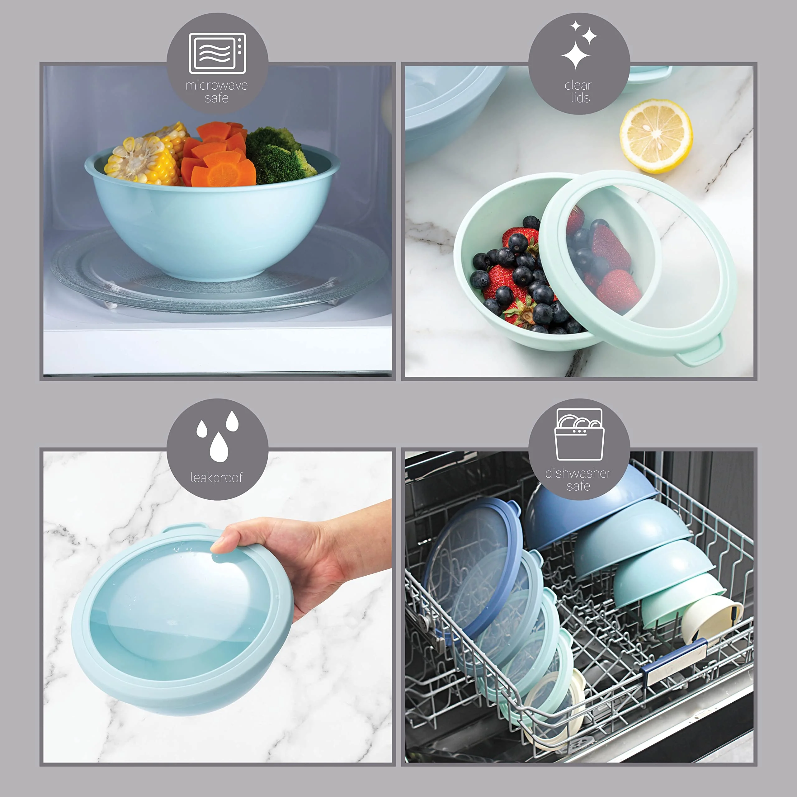 COOK WITH COLOR Mixing Bowls with TPR Lids - 12 Piece Plastic Nesting Bowls Set includes 6 Prep Bowls and 6 Lids, Microwave Safe (Blue) - Image 6