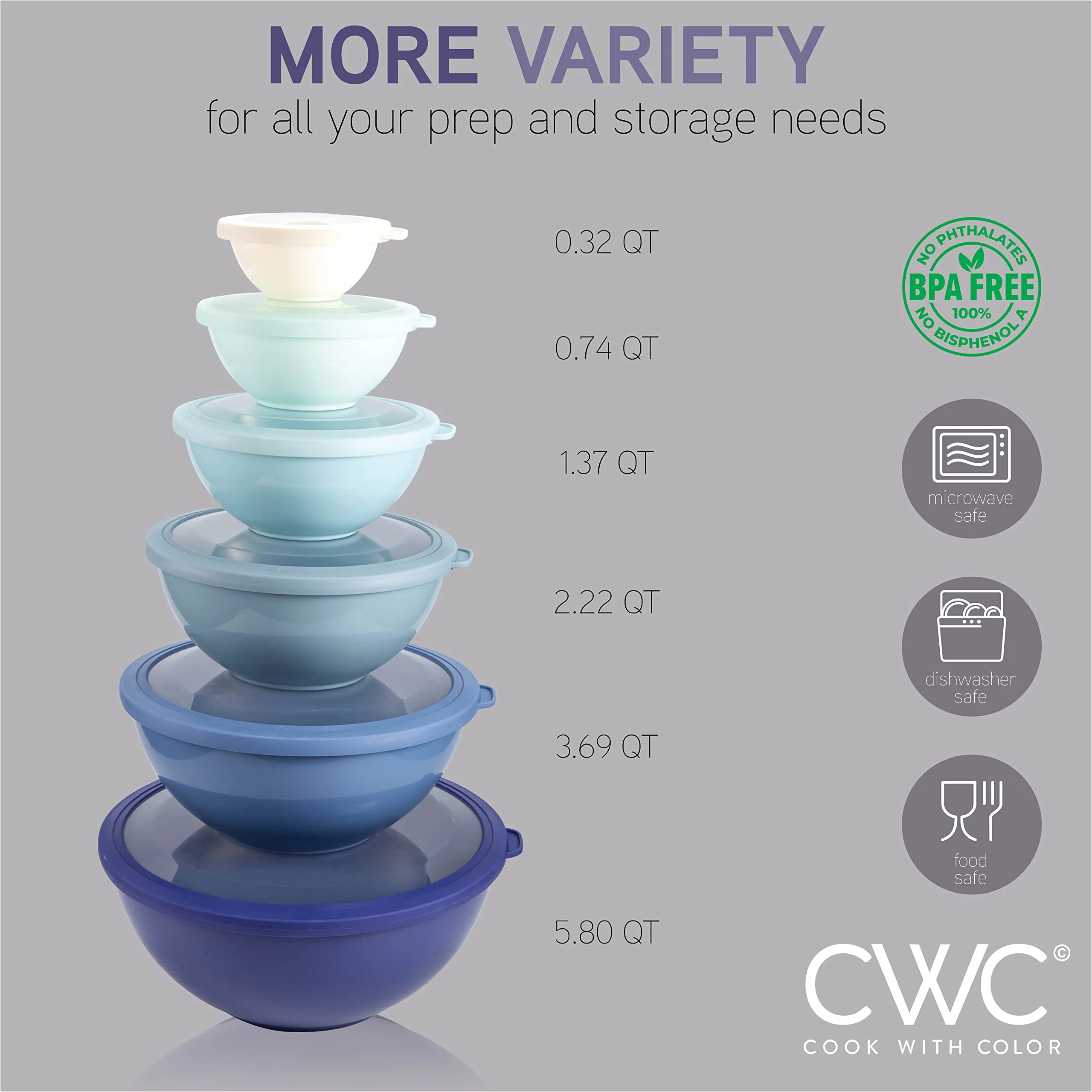 COOK WITH COLOR Mixing Bowls with TPR Lids - 12 Piece Plastic Nesting Bowls Set includes 6 Prep Bowls and 6 Lids, Microwave Safe (Blue) - Image 7