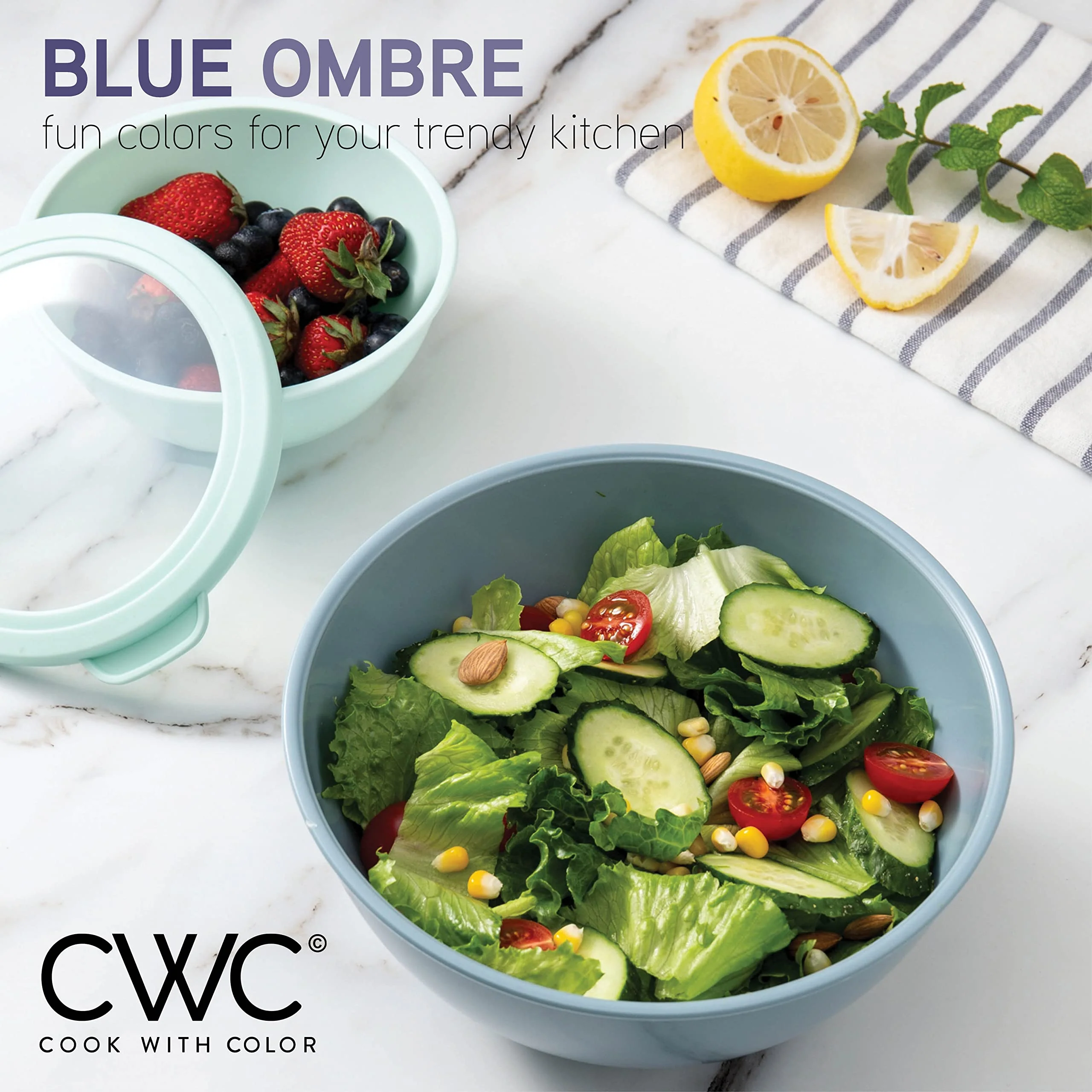 COOK WITH COLOR Mixing Bowls with TPR Lids - 12 Piece Plastic Nesting Bowls Set includes 6 Prep Bowls and 6 Lids, Microwave Safe (Blue) - Image 8