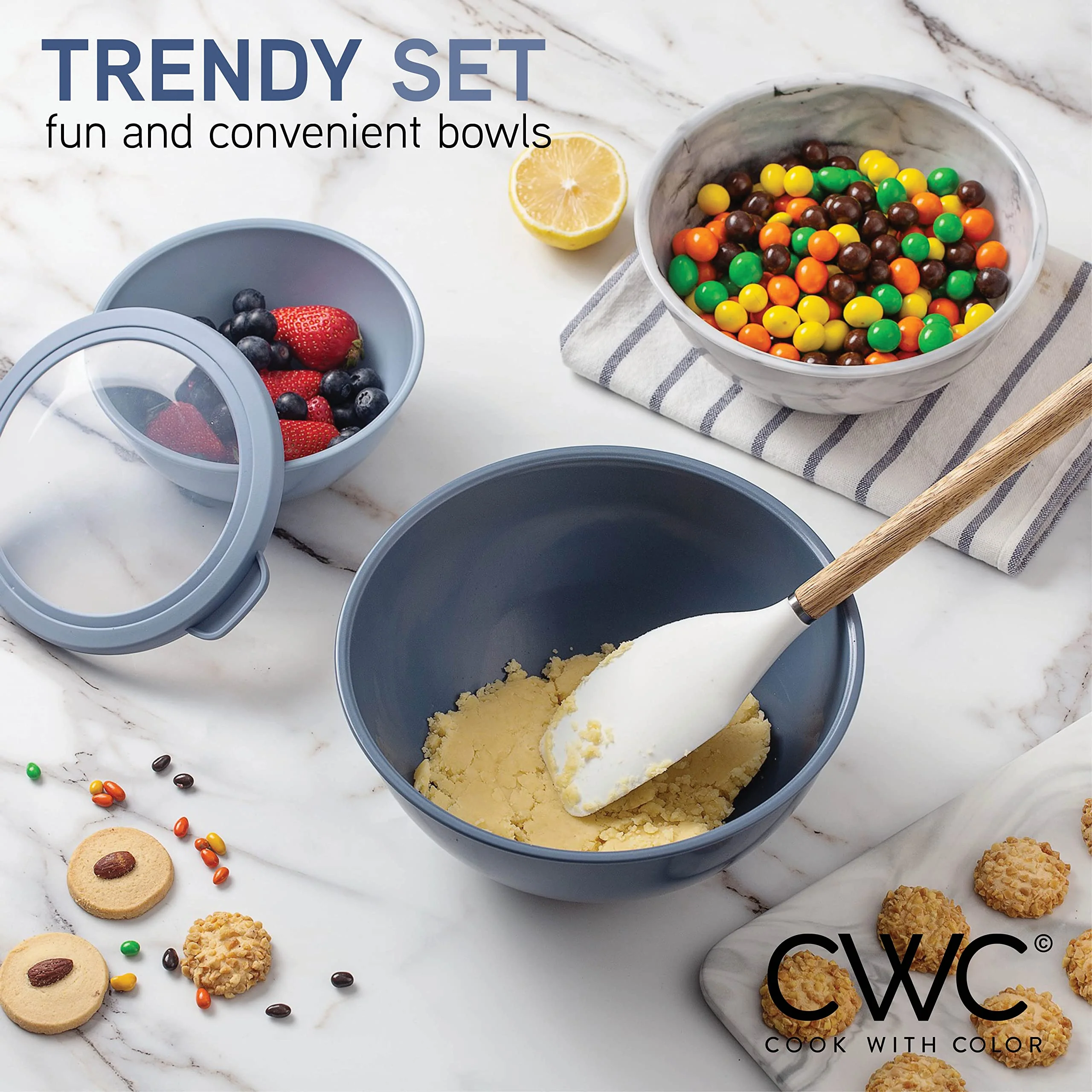 COOK WITH COLOR Mixing Bowls with TPR Lids - 12 Piece Plastic Nesting Bowls Set includes 6 Prep Bowls and 6 Lids, Microwave Safe Mixing Bowl Set (Blue and White) - Image 4