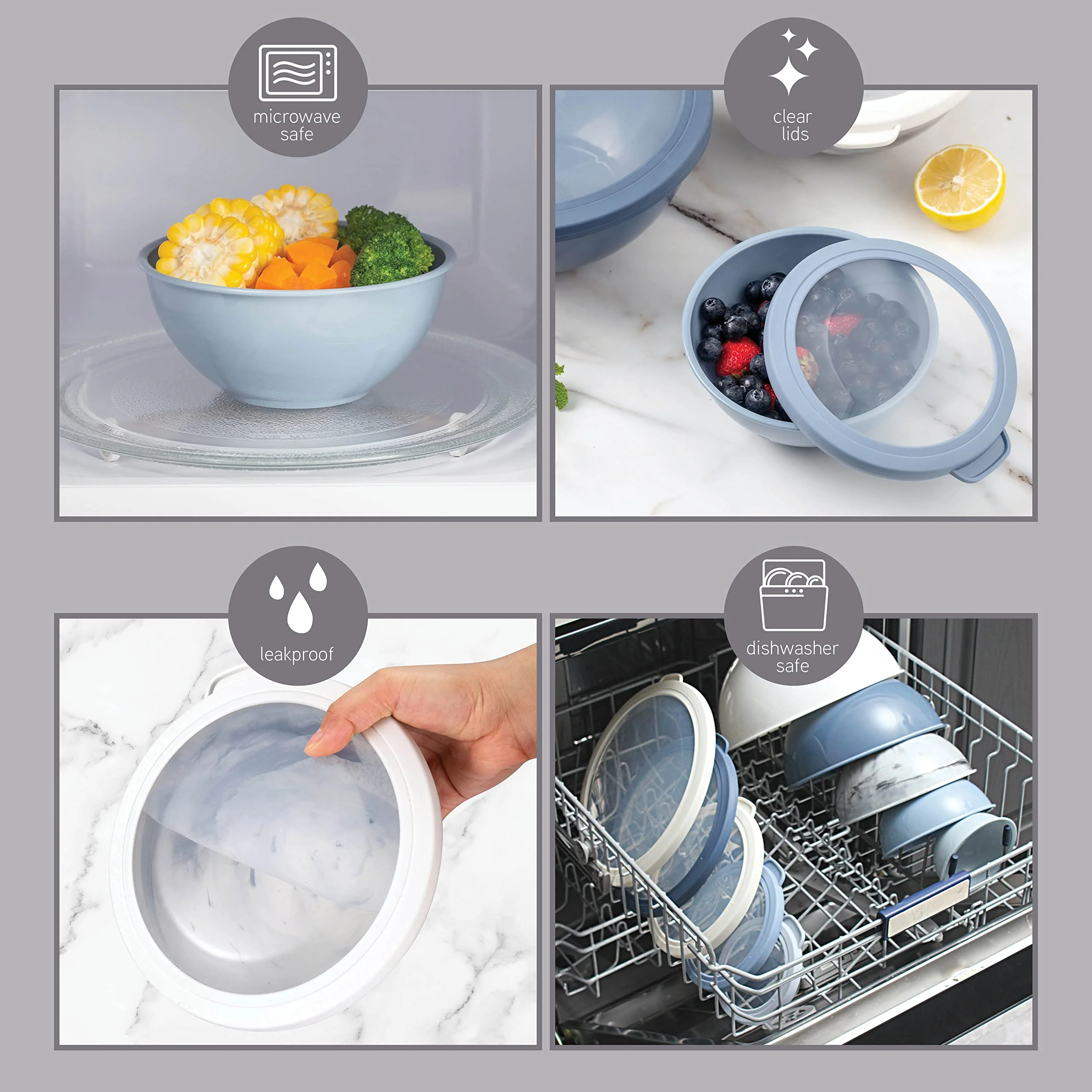 COOK WITH COLOR Mixing Bowls with TPR Lids - 12 Piece Plastic Nesting Bowls Set includes 6 Prep Bowls and 6 Lids, Microwave Safe Mixing Bowl Set (Blue and White) - Image 5