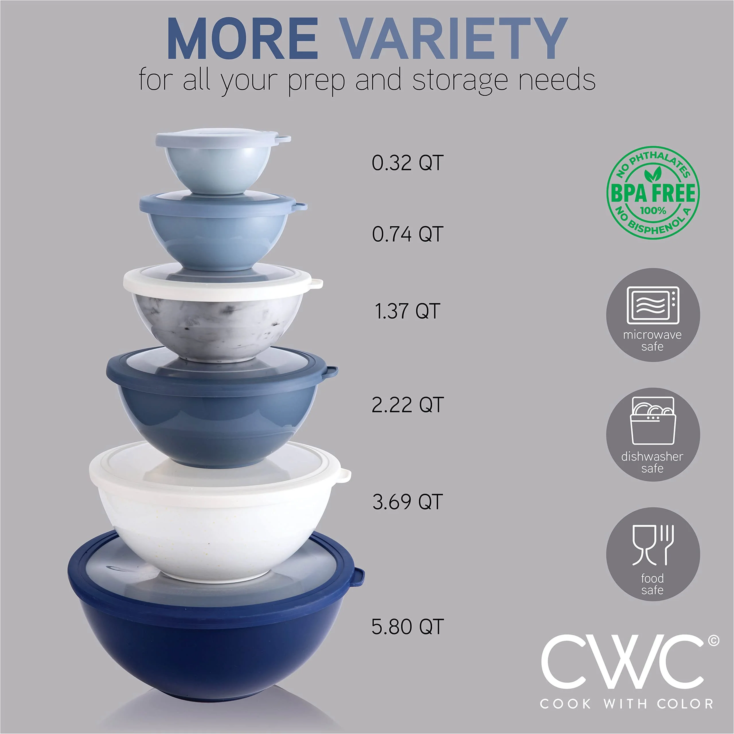 COOK WITH COLOR Mixing Bowls with TPR Lids - 12 Piece Plastic Nesting Bowls Set includes 6 Prep Bowls and 6 Lids, Microwave Safe Mixing Bowl Set (Blue and White) - Image 6