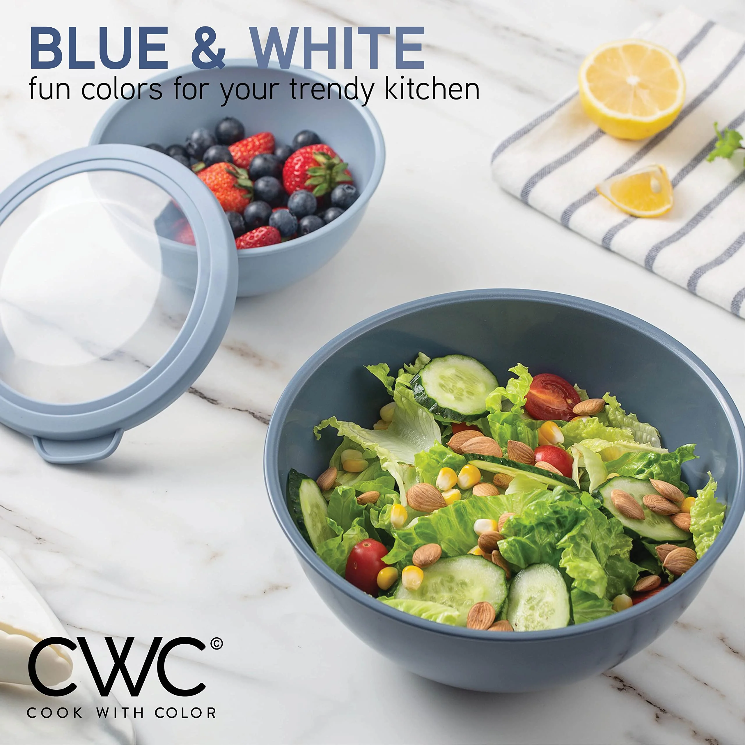 COOK WITH COLOR Mixing Bowls with TPR Lids - 12 Piece Plastic Nesting Bowls Set includes 6 Prep Bowls and 6 Lids, Microwave Safe Mixing Bowl Set (Blue and White) - Image 7