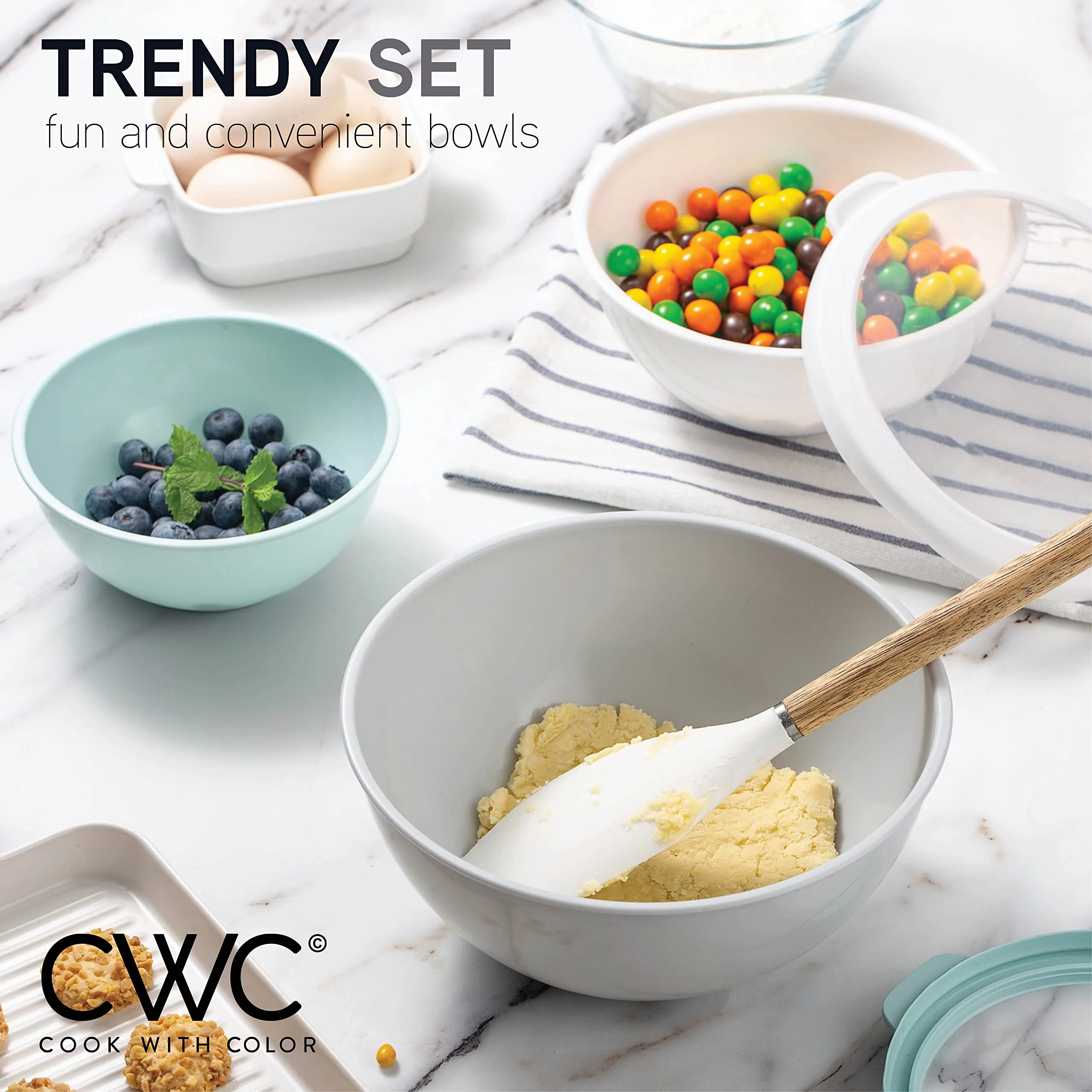 COOK WITH COLOR Mixing Bowls with TPR Lids - 12 Piece Plastic Nesting Bowls Set includes 6 Prep Bowls and 6 Lids, Microwave Safe Mixing Bowl Set (Mint) - Image 3