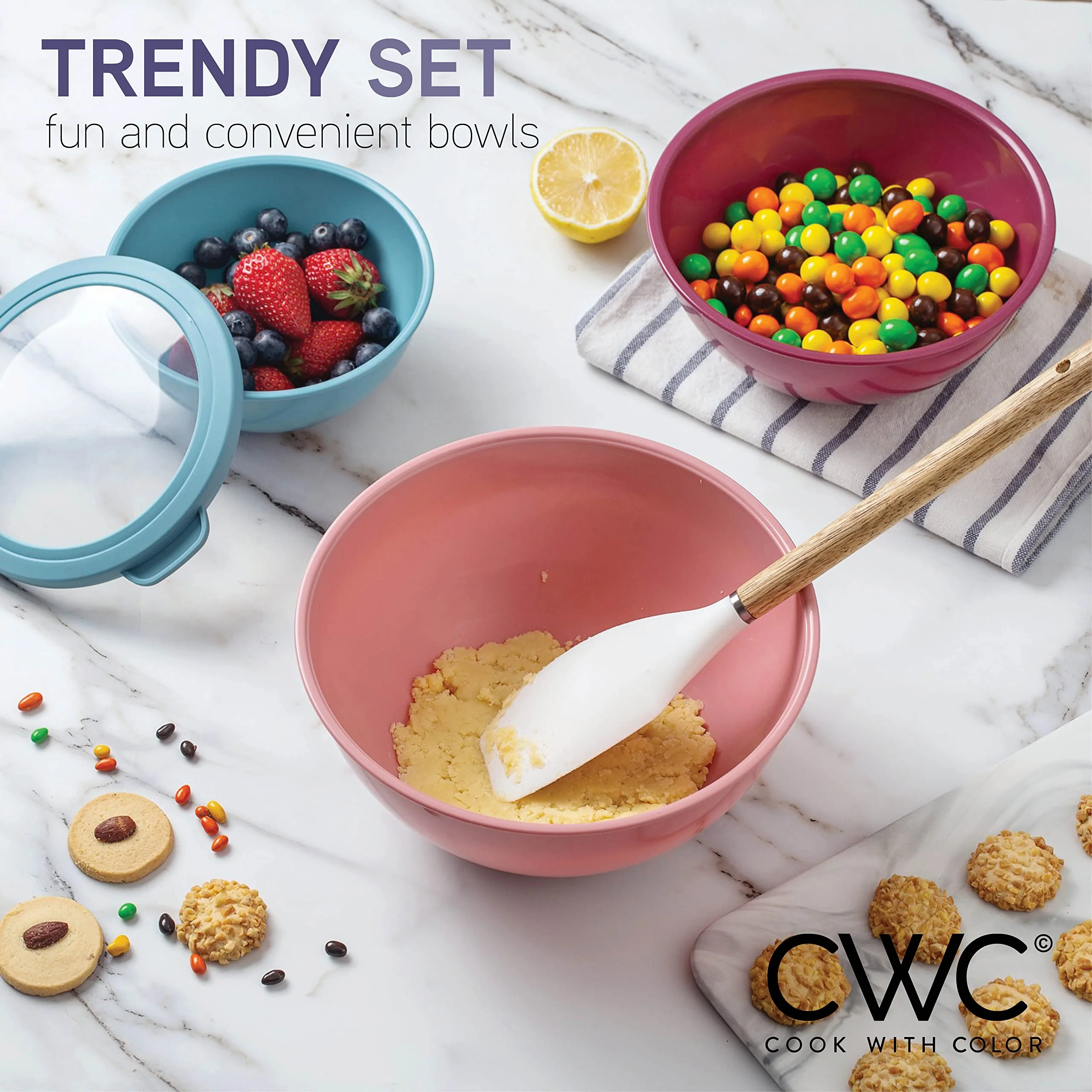 COOK WITH COLOR Mixing Bowls with TPR Lids - 12 Piece Plastic Nesting Bowls Set includes 6 Prep Bowls and 6 Lids, Microwave Safe Mixing Bowl Set (Multicolored Set with Large Blue Bowl) - Image 4