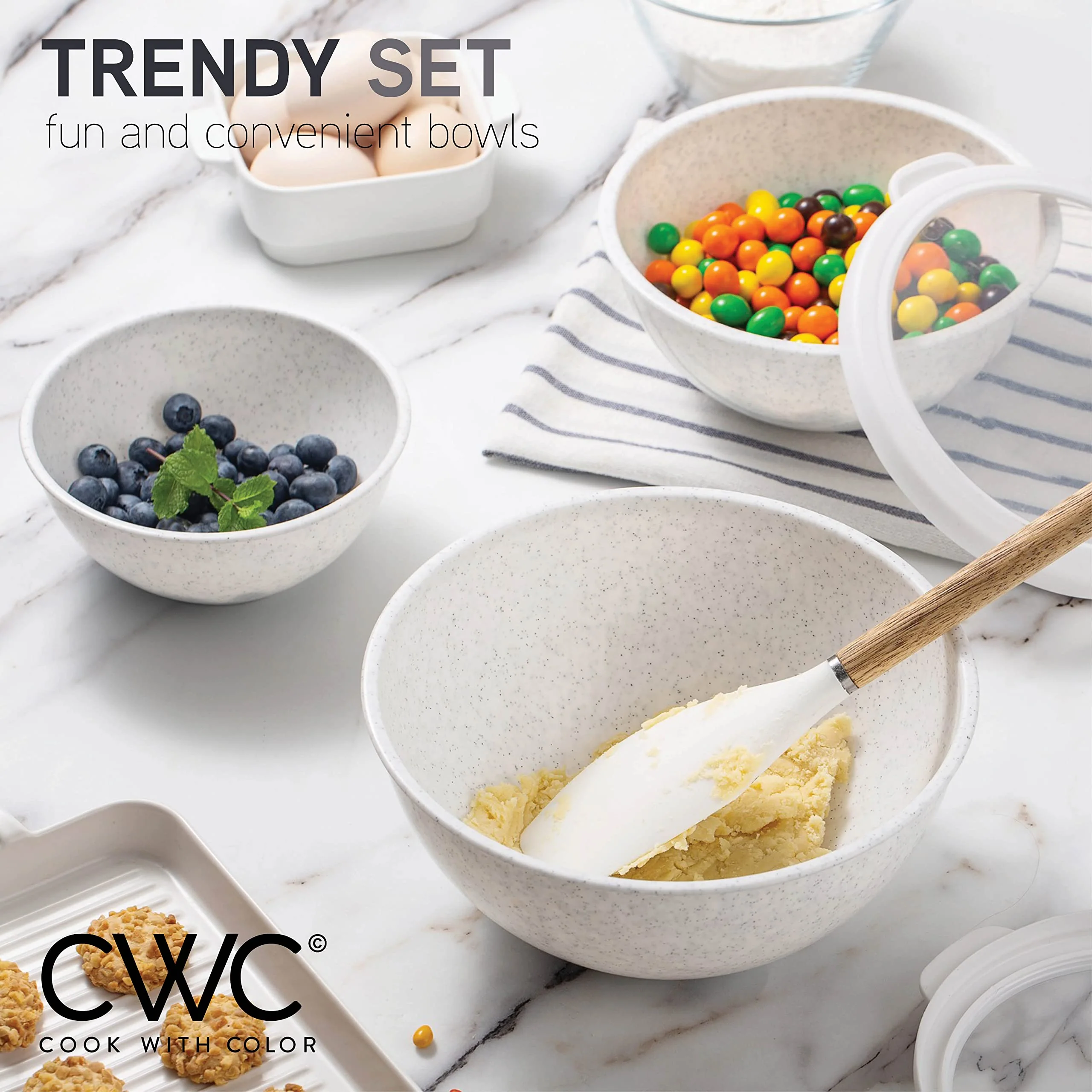 COOK WITH COLOR Mixing Bowls with TPR Lids - 12 Piece Plastic Nesting Bowls Set includes 6 Prep Bowls and 6 Lids, Microwave Safe Mixing Bowl Set (Speckled White) - Image 4
