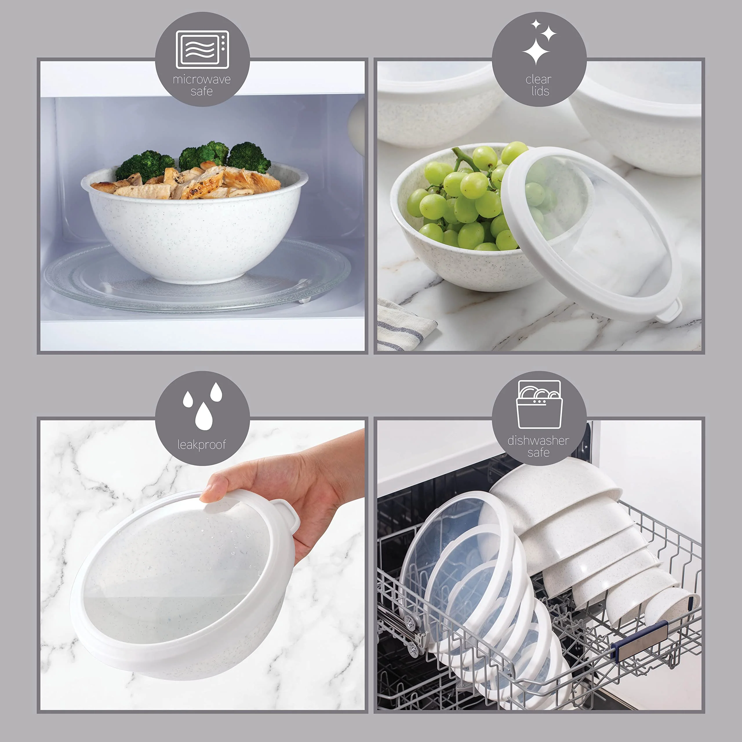 COOK WITH COLOR Mixing Bowls with TPR Lids - 12 Piece Plastic Nesting Bowls Set includes 6 Prep Bowls and 6 Lids, Microwave Safe Mixing Bowl Set (Speckled White) - Image 5