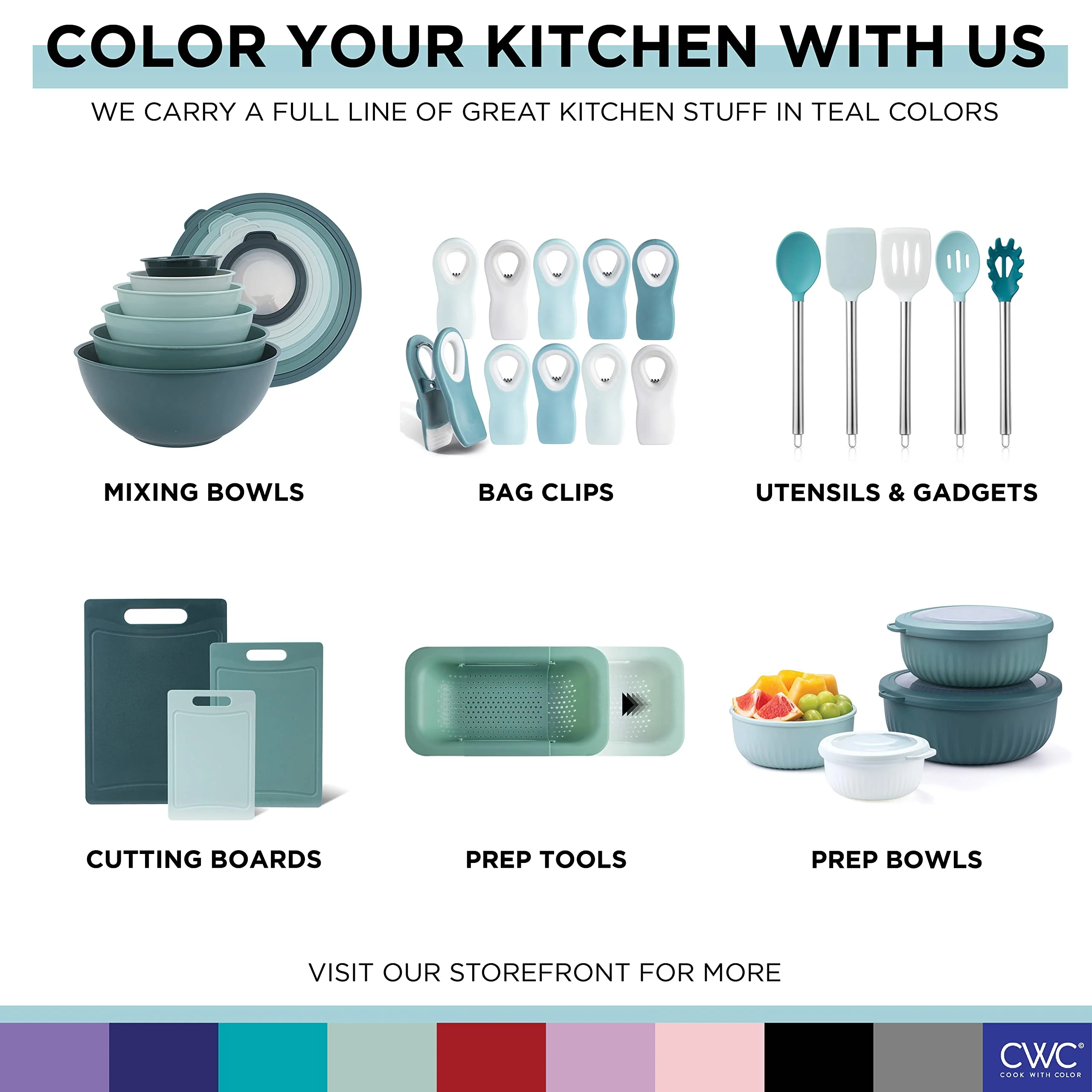COOK WITH COLOR Mixing Bowls with TPR Lids - 12 Piece Plastic Nesting Bowls Set includes 6 Prep Bowls and 6 Lids, Microwave Safe Mixing Bowl Set (Teal) - Image 3