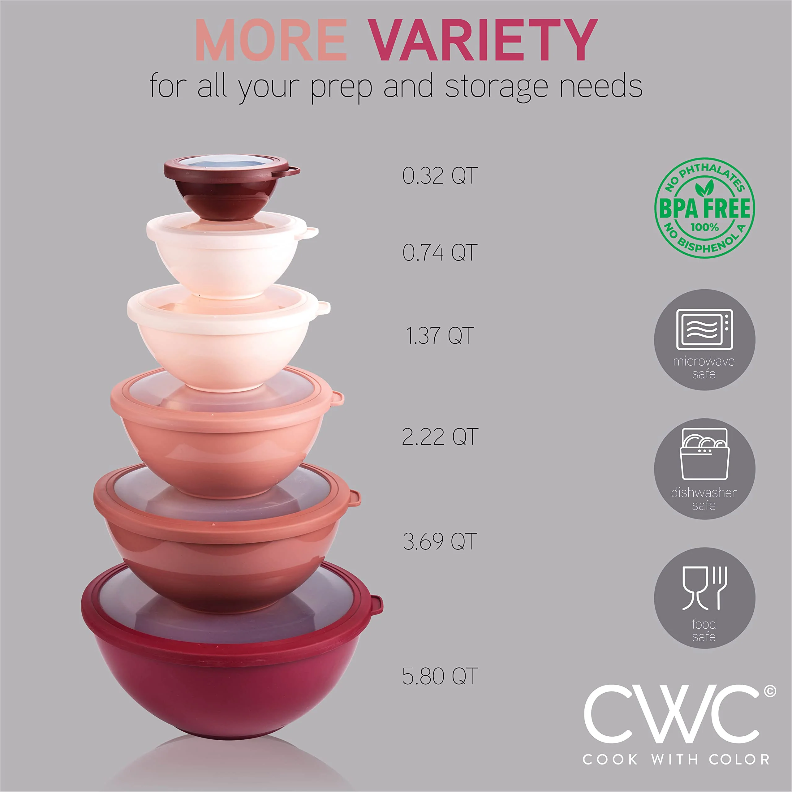 COOK WITH COLOR Mixing Bowls with TPR Lids - 12 Piece Plastic Nesting Bowls Set includes 6 Prep Bowls and 6 Lids, Microwave Safe (Rose) - Image 7
