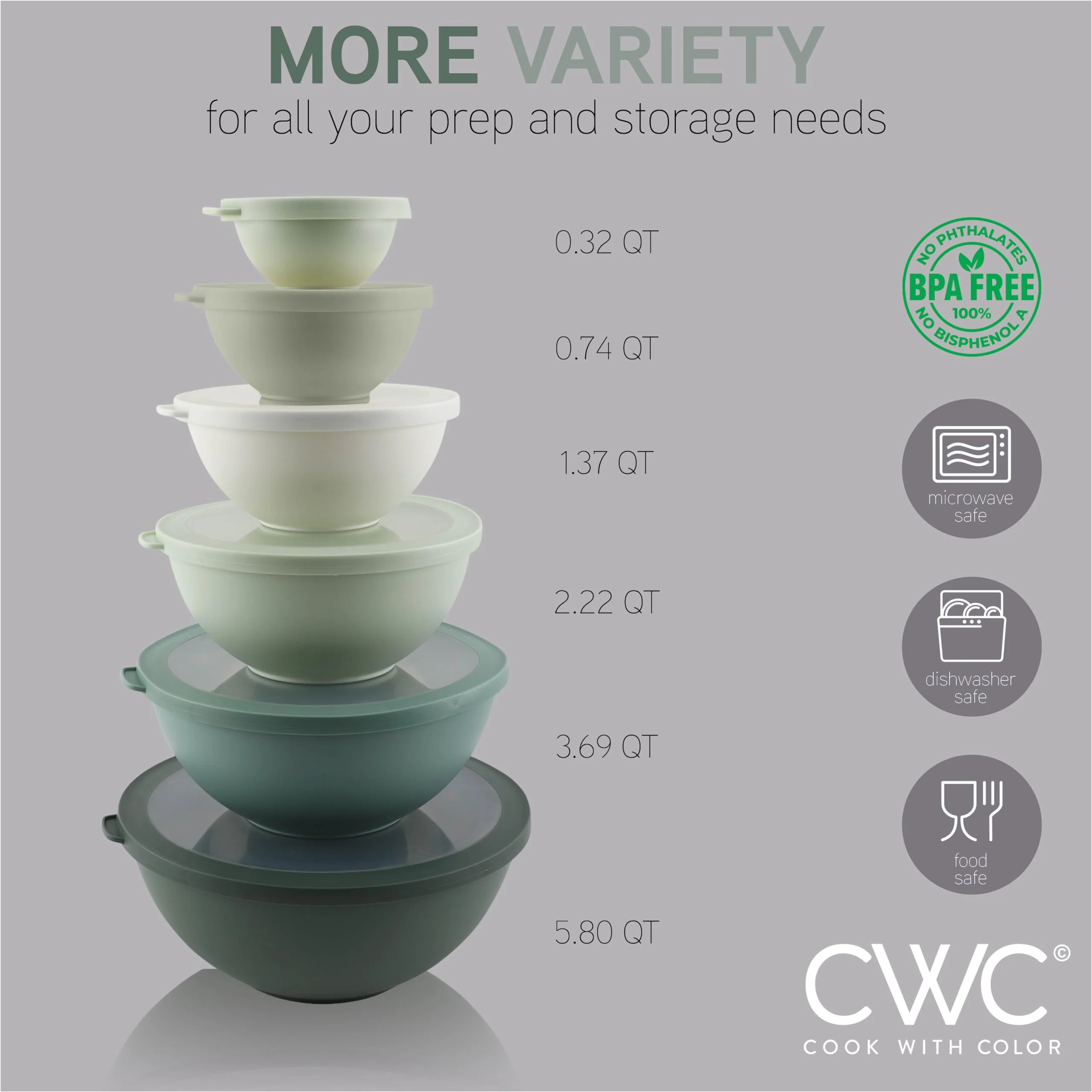 COOK WITH COLOR Mixing Bowls with TPR Lids - 12 Piece Plastic Nesting Bowls Set includes 6 Prep Bowls and 6 Lids - Microwave Safe (Sage) - Image 7