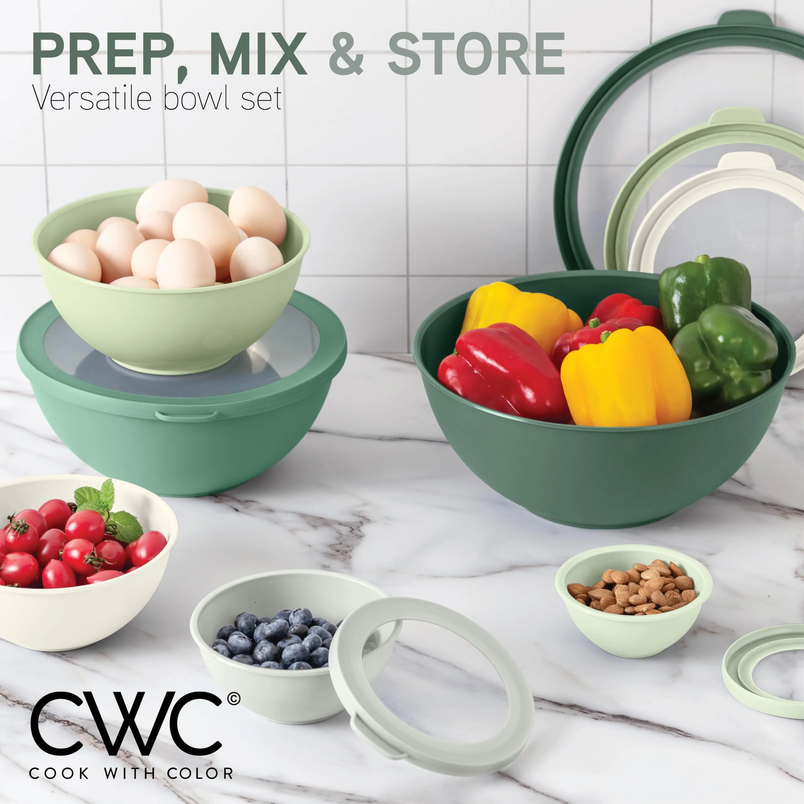 COOK WITH COLOR Mixing Bowls with TPR Lids - 12 Piece Plastic Nesting Bowls Set includes 6 Prep Bowls and 6 Lids - Microwave Safe (Sage) - Image 8