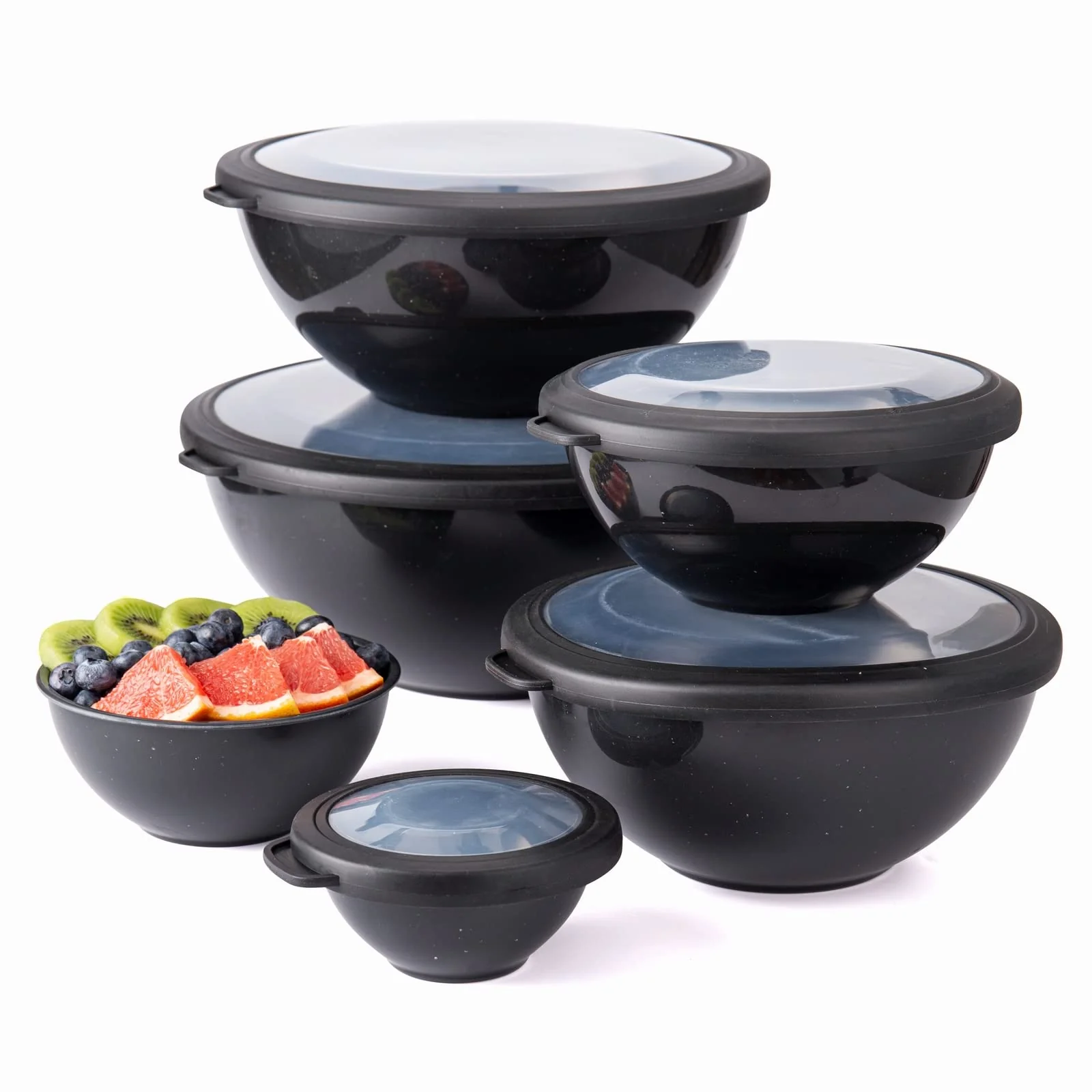 COOK WITH COLOR Mixing Bowls with TPR Lids - 12 Piece Plastic Nesting Bowls Set includes 6 Prep Bowls and 6 Lids, Microwave Safe (Speckled Black) - Image 3