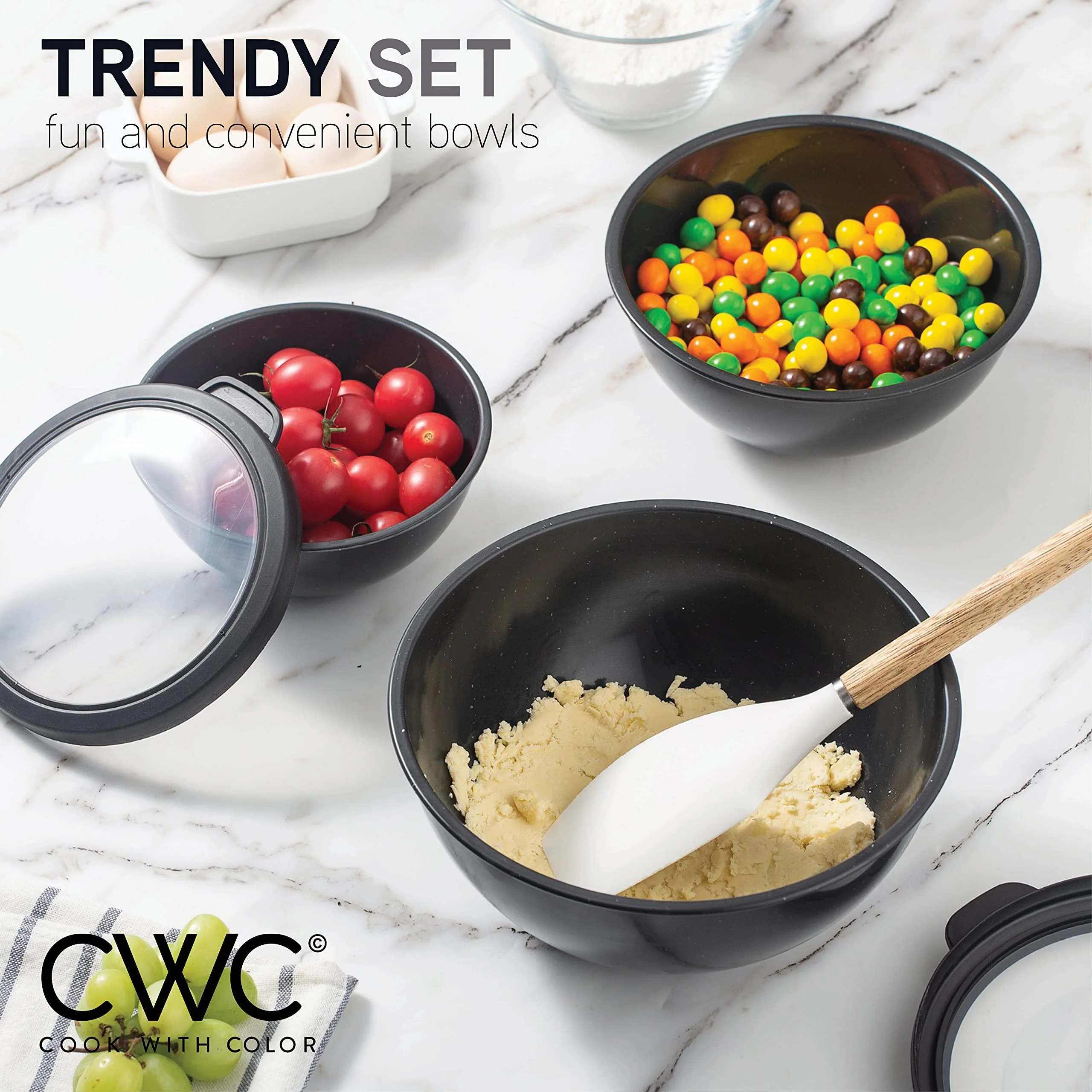 COOK WITH COLOR Mixing Bowls with TPR Lids - 12 Piece Plastic Nesting Bowls Set includes 6 Prep Bowls and 6 Lids, Microwave Safe (Speckled Black) - Image 4