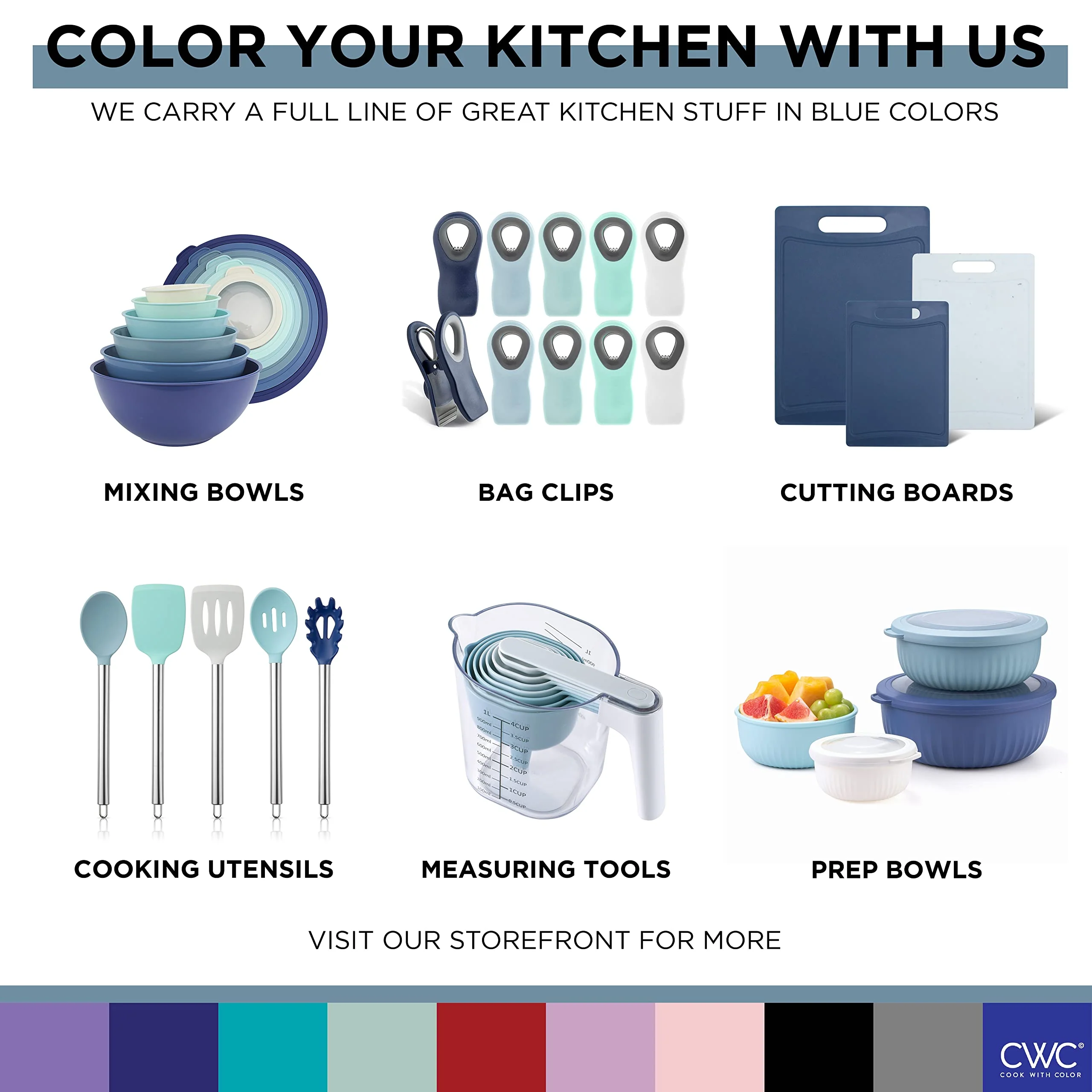 COOK WITH COLOR Plastic Mixing Bowls with Lids - 12 Piece Nesting Bowls Set includes 6 Prep Bowls and 6 Lids, Microwave Safe (Blue Ombre) - Image 2