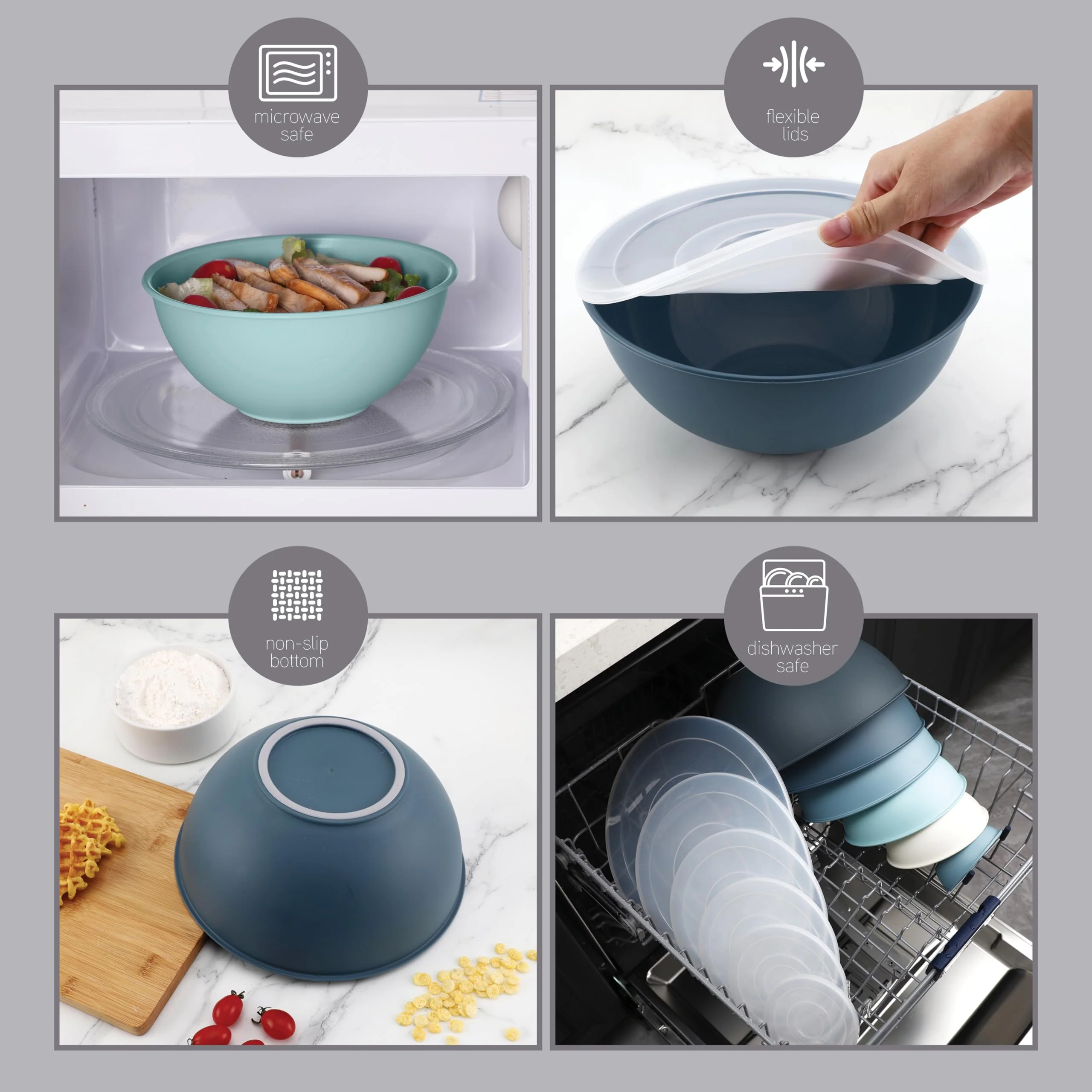 COOK WITH COLOR Plastic Mixing Bowls with Lids - 12 Piece Nesting Bowls Set includes 6 Prep Bowls and 6 Lids, Microwave Safe (Blue Ombre) - Image 3