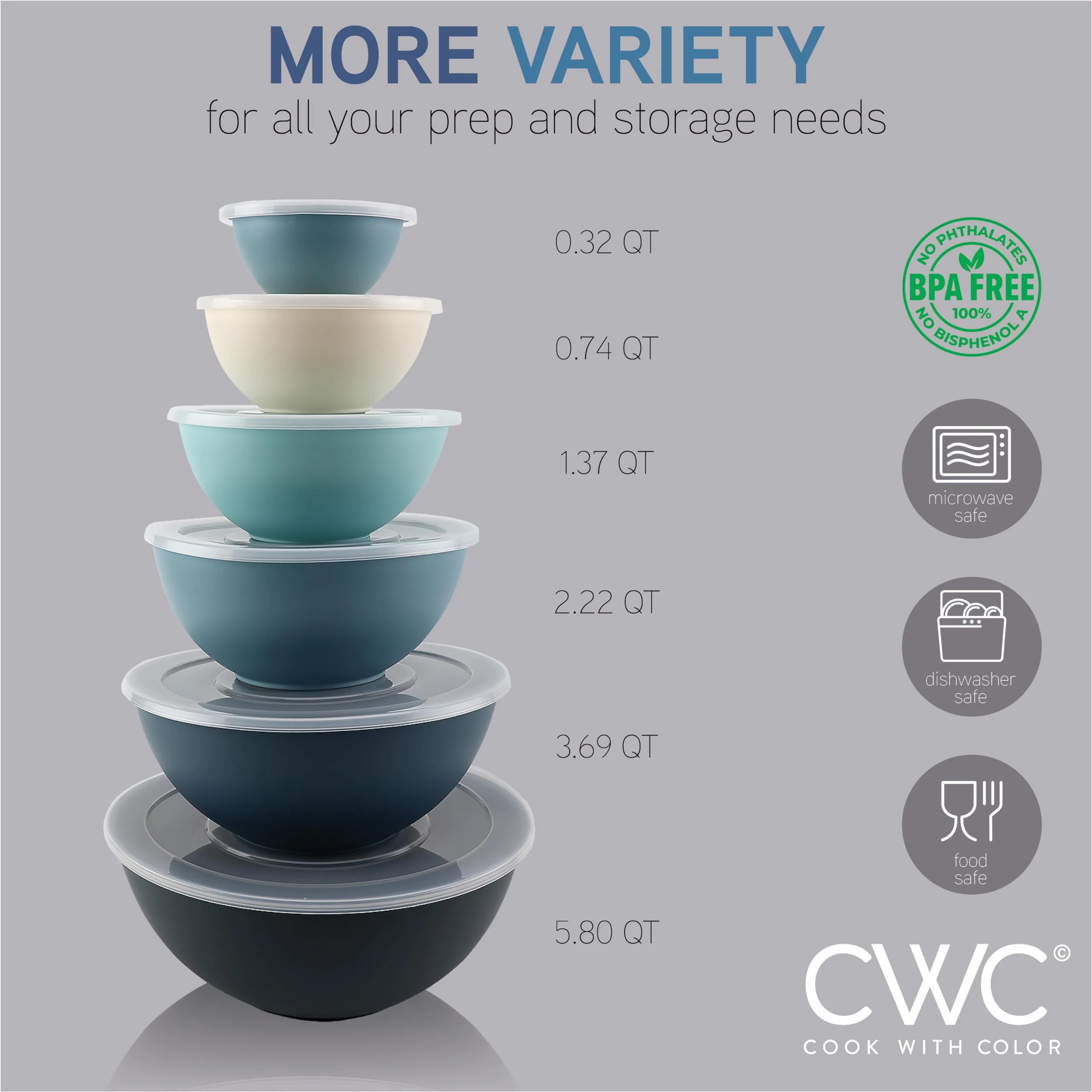COOK WITH COLOR Plastic Mixing Bowls with Lids - 12 Piece Nesting Bowls Set includes 6 Prep Bowls and 6 Lids, Microwave Safe (Blue Ombre) - Image 4