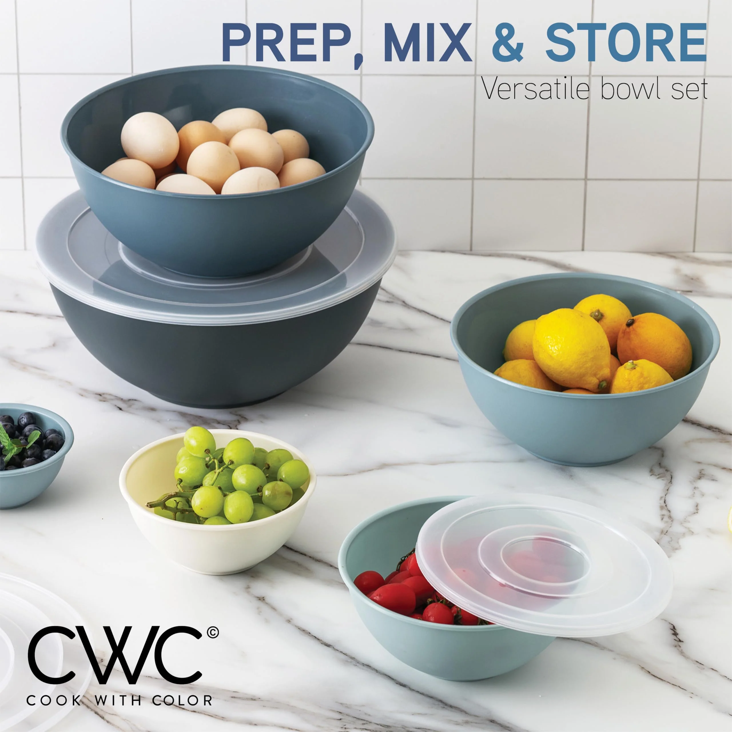 COOK WITH COLOR Plastic Mixing Bowls with Lids - 12 Piece Nesting Bowls Set includes 6 Prep Bowls and 6 Lids, Microwave Safe (Blue Ombre) - Image 7