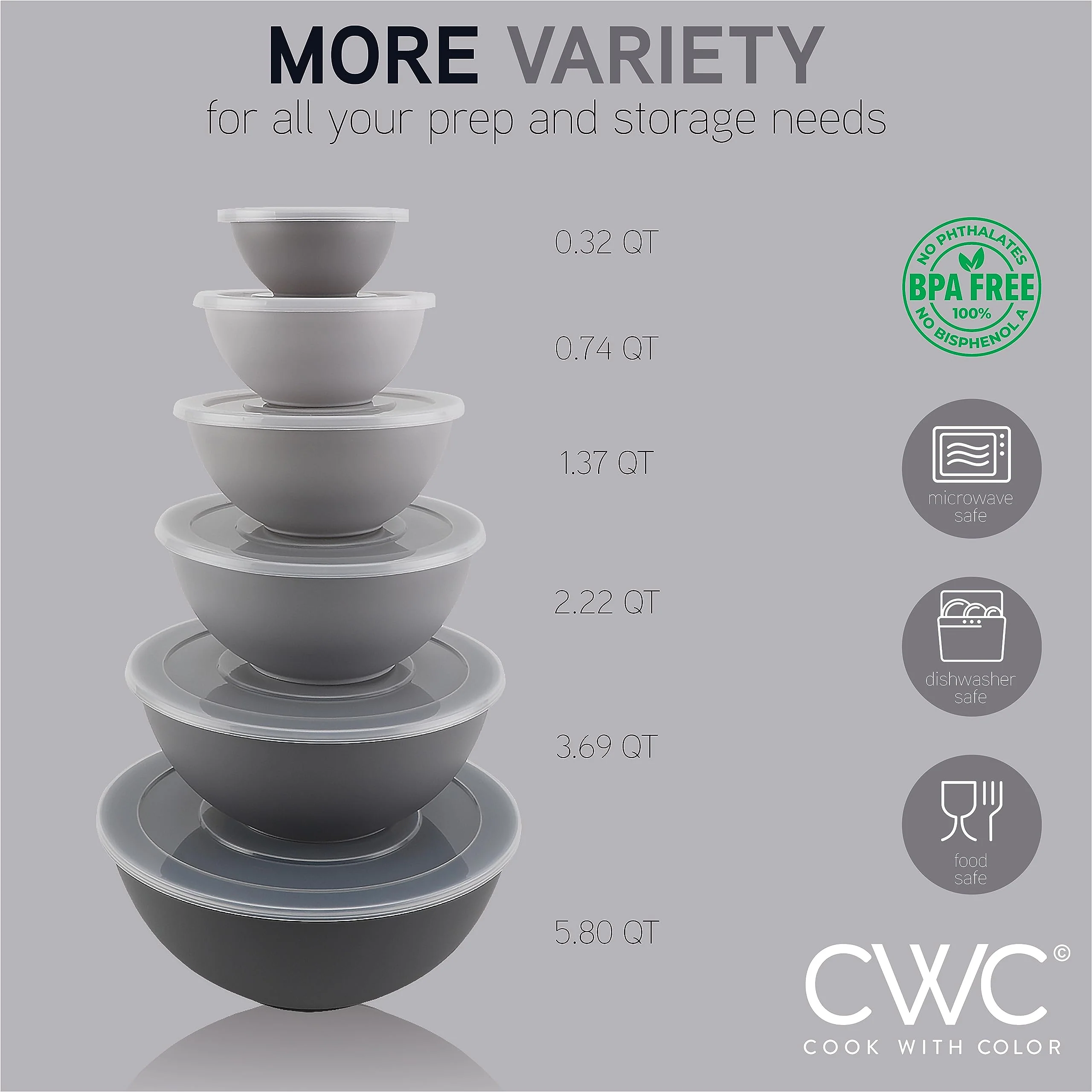 COOK WITH COLOR Plastic Nesting Mixing Bowls Set - 12 Piece includes 6 Prep Bowls and 6 Lids, Microwave Safe (Gray Ombre) - Image 7