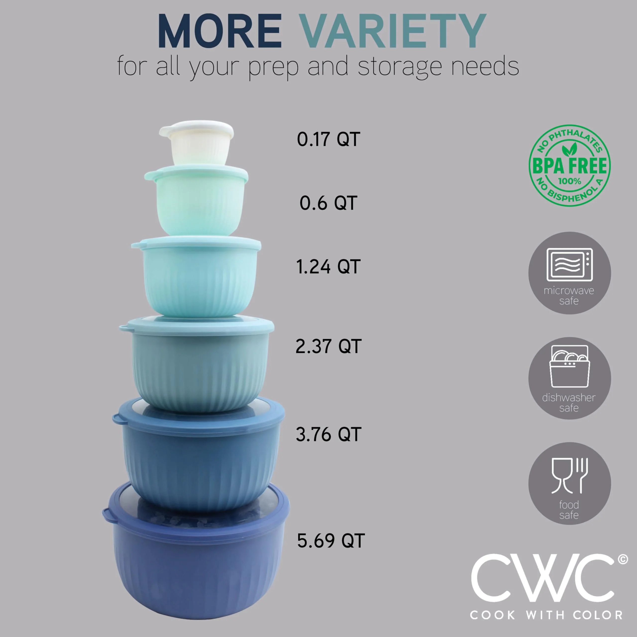 COOK WITH COLOR Prep Bowls with Lids- Wide and Deep Nesting Plastic Small Mixing Bowl Set with Lids, 12 Piece Set - Deep Bowls, Blue - Image 6