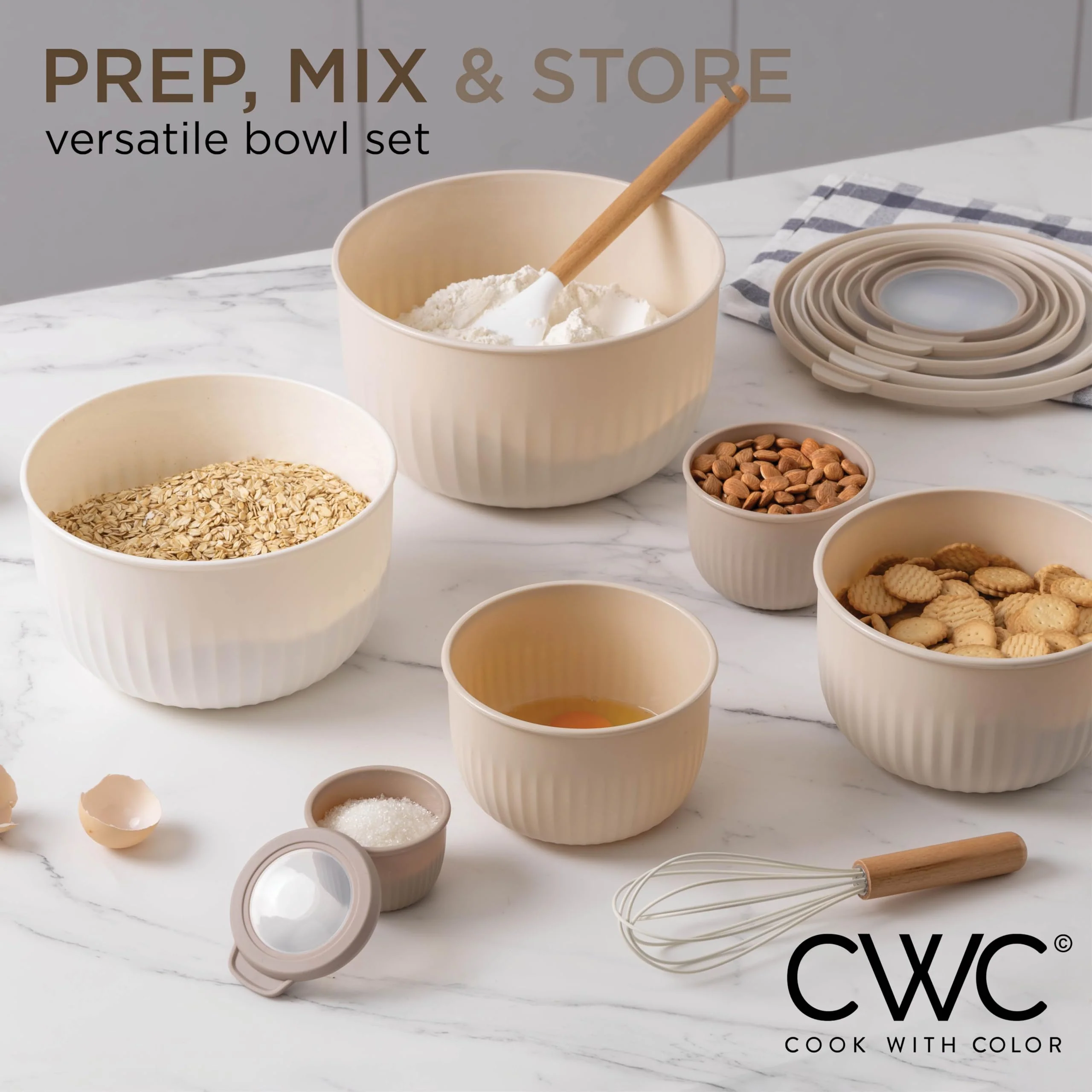COOK WITH COLOR Prep Bowls with Lids- Wide and Deep Nesting Plastic Small Mixing Bowl Set with Lids, 12 Piece Set - Deep Bowls, Brown - Image 7