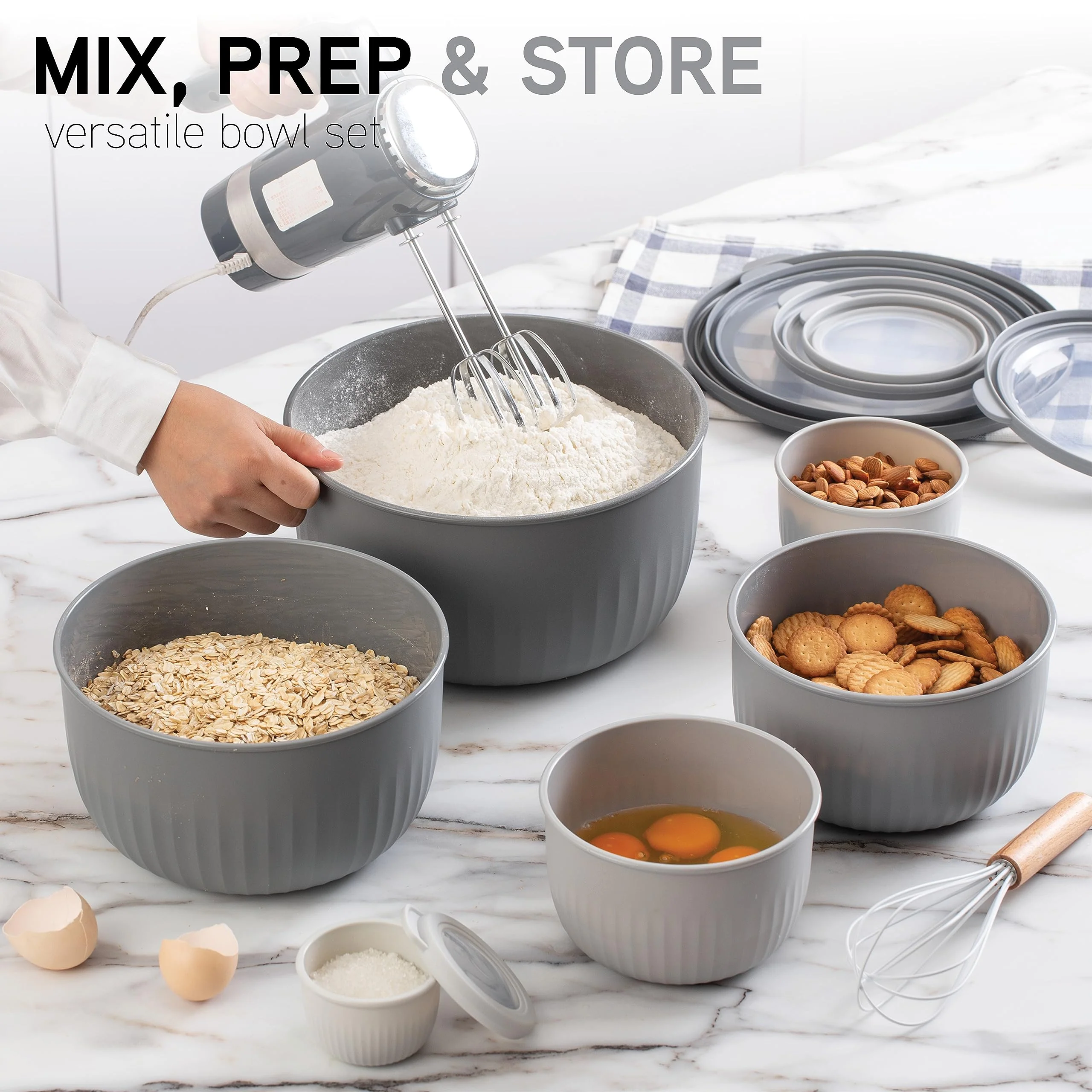 COOK WITH COLOR Prep Bowls with Lids- Wide and Deep Nesting Plastic Small Mixing Bowl Set with Lids, 12 Piece Set - Deep Bowls, Gray - Image 5