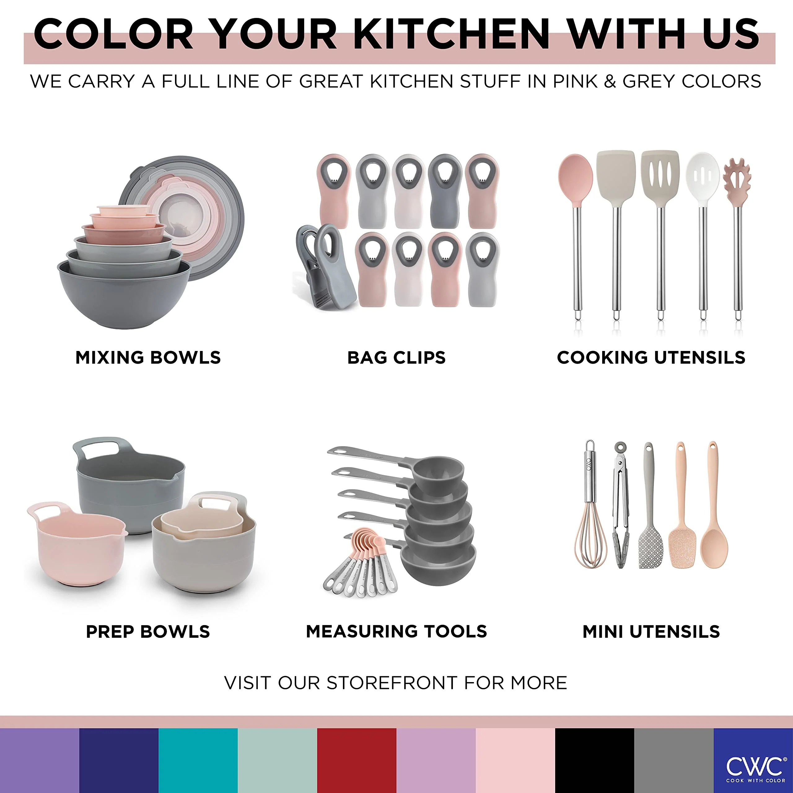 COOK WITH COLOR Prep Bowls with Lids- Wide and Deep Nesting Plastic Small Mixing Bowl Set with Lids, 12 Piece Set - Deep Bowls, Grey/Pink - Image 2
