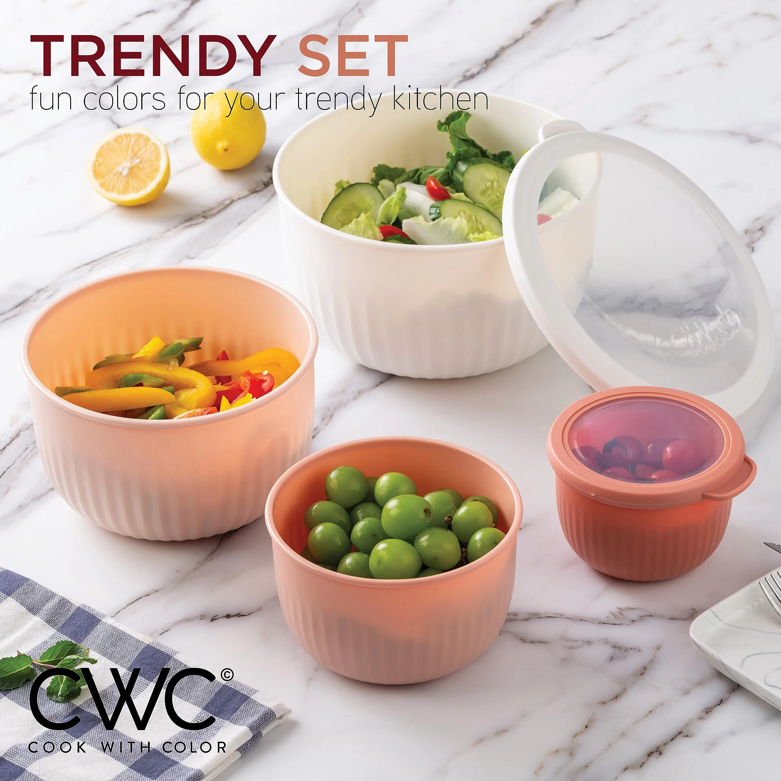COOK WITH COLOR Prep Bowls with Lids- Wide and Deep Nesting Plastic Small Mixing Bowl Set with Lids, 12 Piece Set - Deep Bowls, Grey/Pink - Image 5
