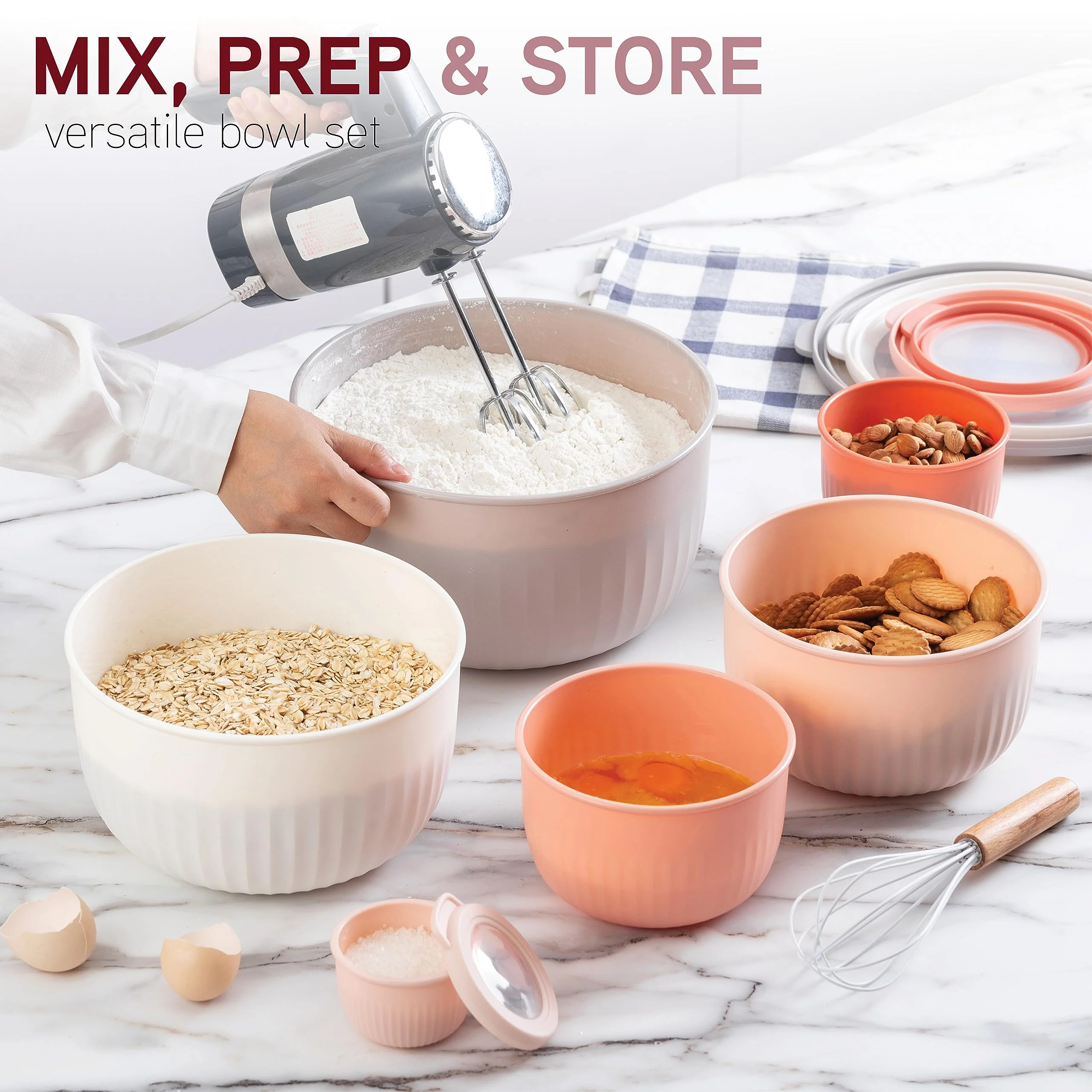 COOK WITH COLOR Prep Bowls with Lids- Wide and Deep Nesting Plastic Small Mixing Bowl Set with Lids, 12 Piece Set - Deep Bowls, Grey/Pink - Image 7