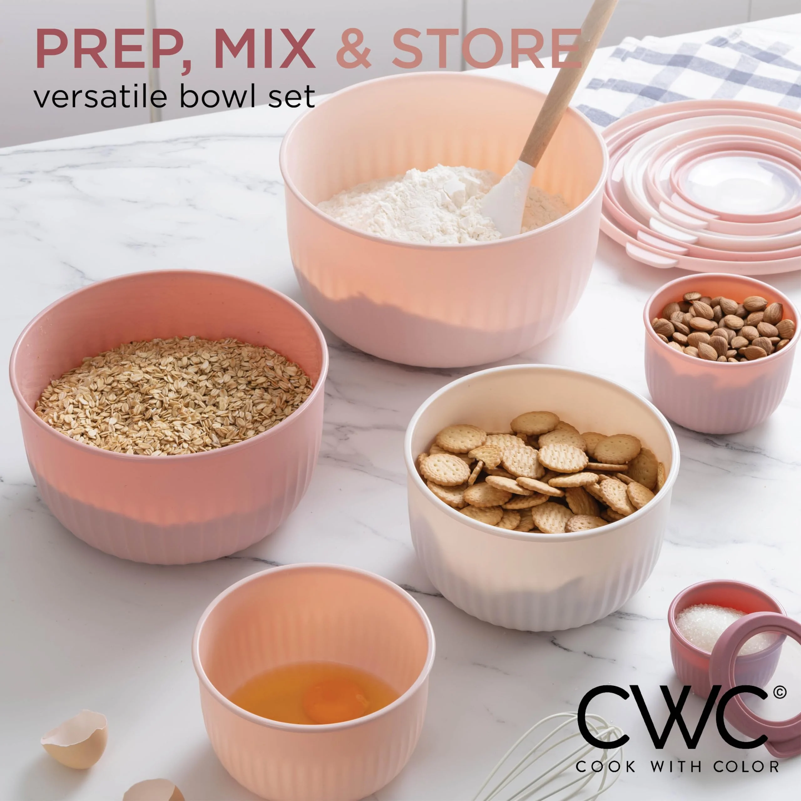 COOK WITH COLOR Prep Bowls with Lids- Wide and Deep Nesting Plastic Small Mixing Bowl Set with Lids, 12 Piece Set - Deep Bowls, Pink - Image 6