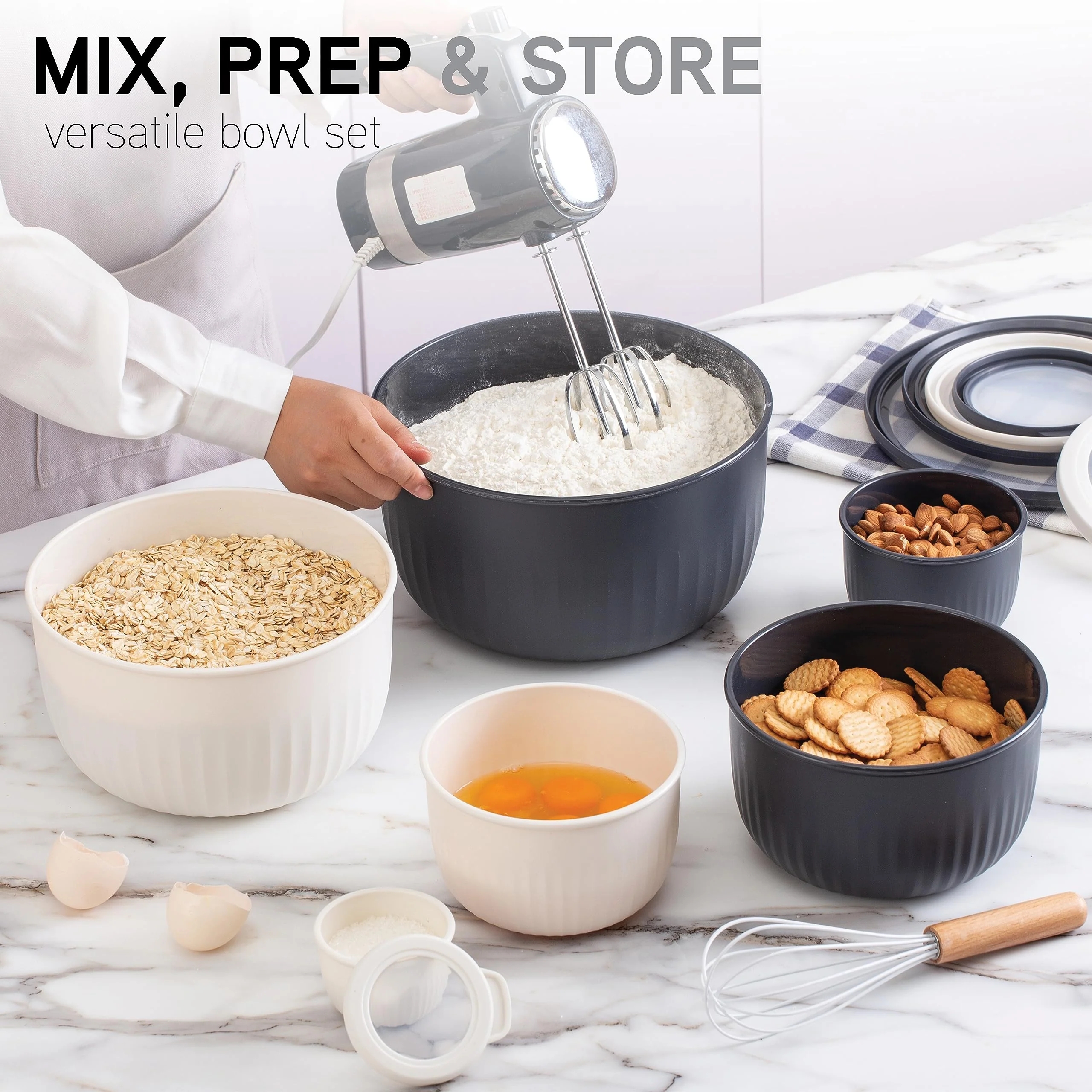 COOK WITH COLOR Prep Bowls with Lids- Wide and Deep Nesting Plastic Small Mixing Bowl Set with Lids, 12 Piece Set - Deep Bowls, Speckled Black - Image 3