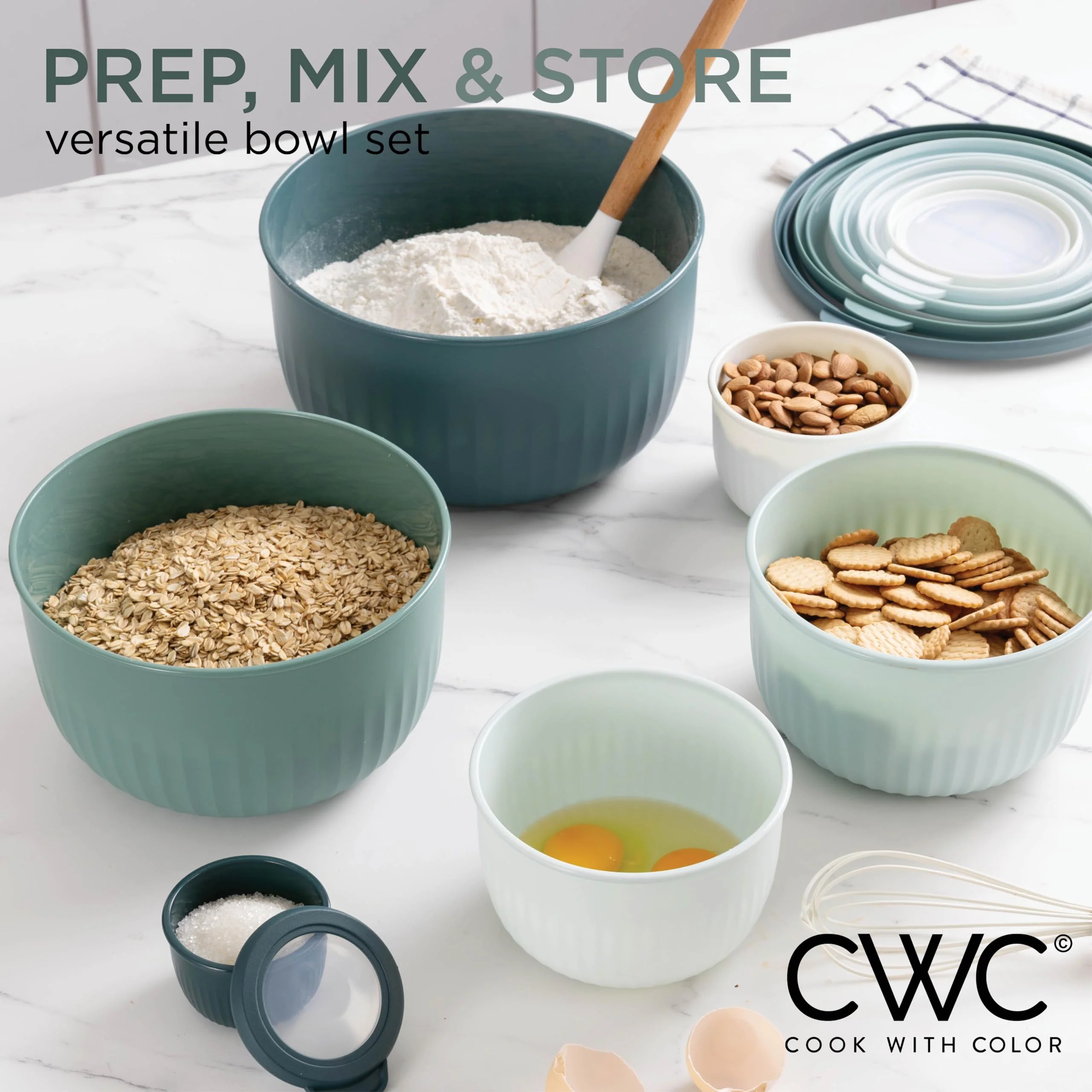 COOK WITH COLOR Prep Bowls with Lids- Wide and Deep Nesting Plastic Small Mixing Bowl Set with Lids, 12 Piece Set - Deep Bowls, Teal - Image 8