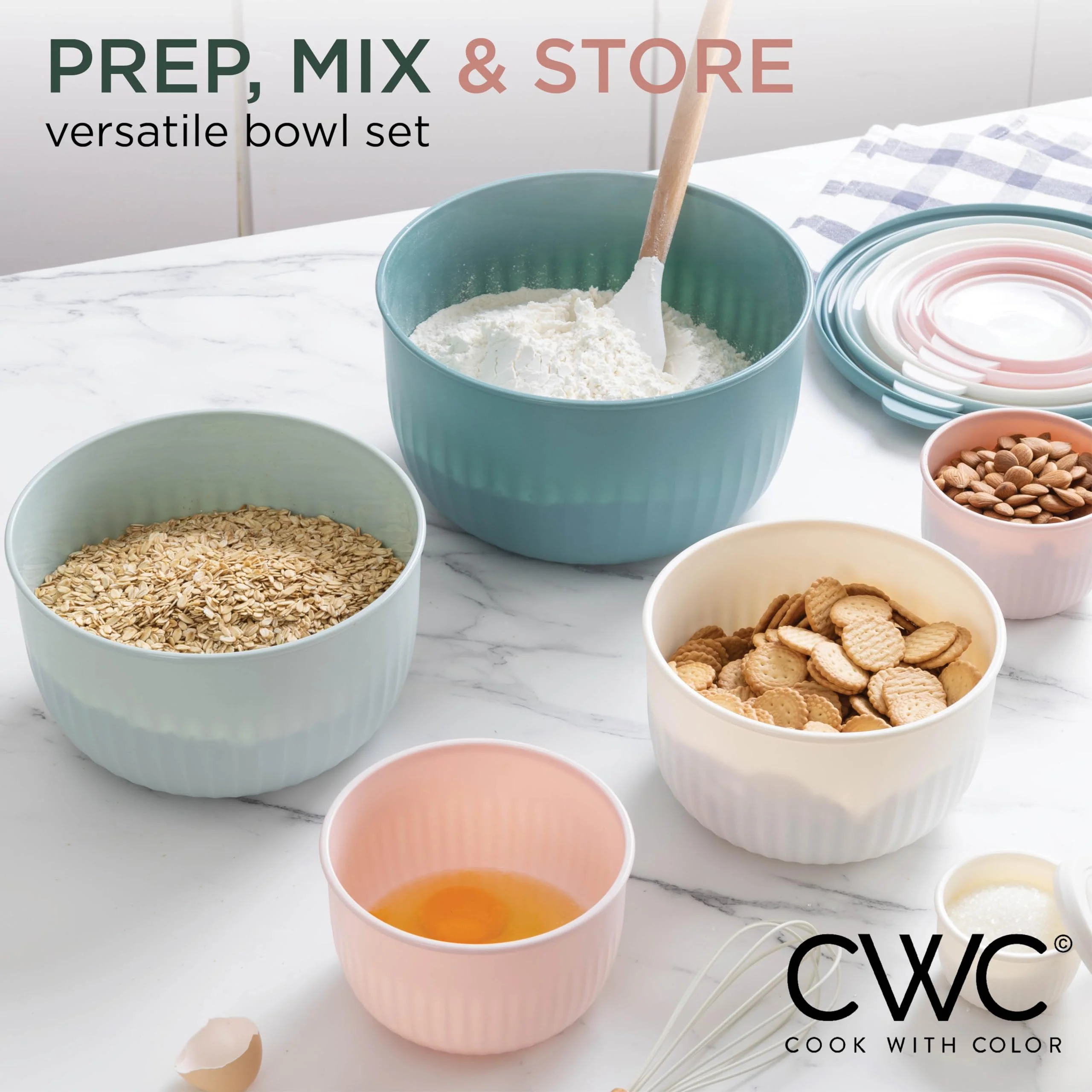 COOK WITH COLOR Prep Bowls with Lids- Wide and Deep Nesting Plastic Small Mixing Bowl Set with Lids, 12 Piece Set - Deep Bowls, Teal and Pink - Image 5