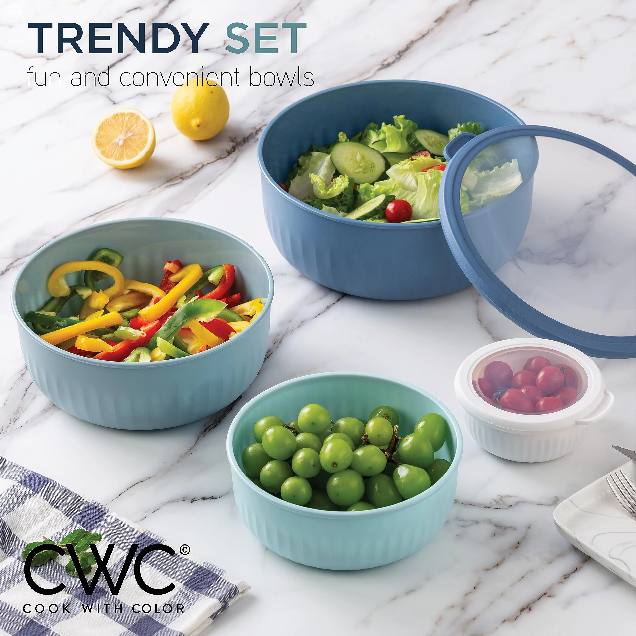 COOK WITH COLOR Prep Bowls with Lids- Wide and Deep Nesting Plastic Small Mixing Bowl Set with Lids, 12 Piece Set - Wide Bowls, Blue - Image 8