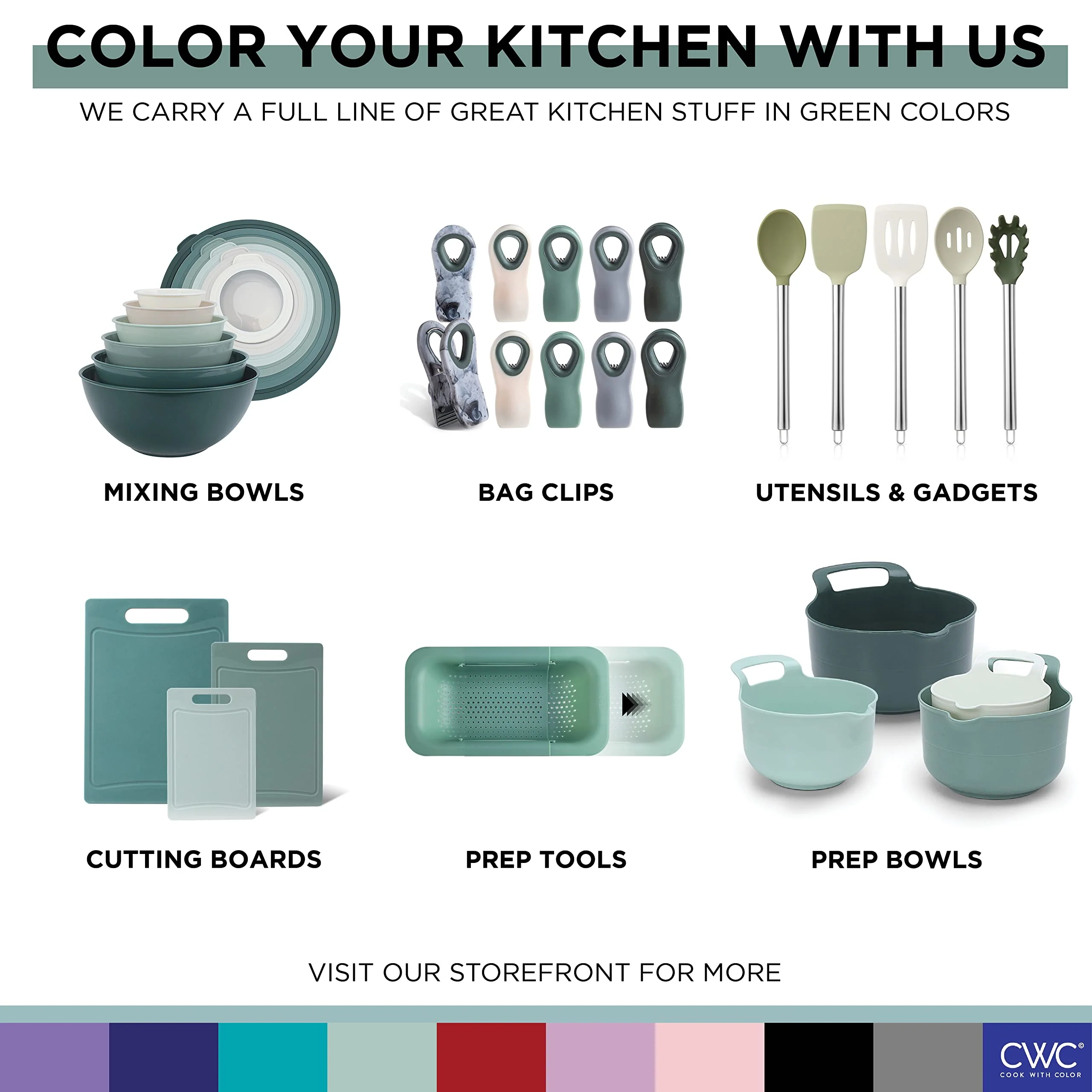 COOK WITH COLOR Prep Bowls with Lids- Wide and Deep Nesting Plastic Small Mixing Bowl Set with Lids, 12 Piece Set - Wide Bowls, Green - Image 2