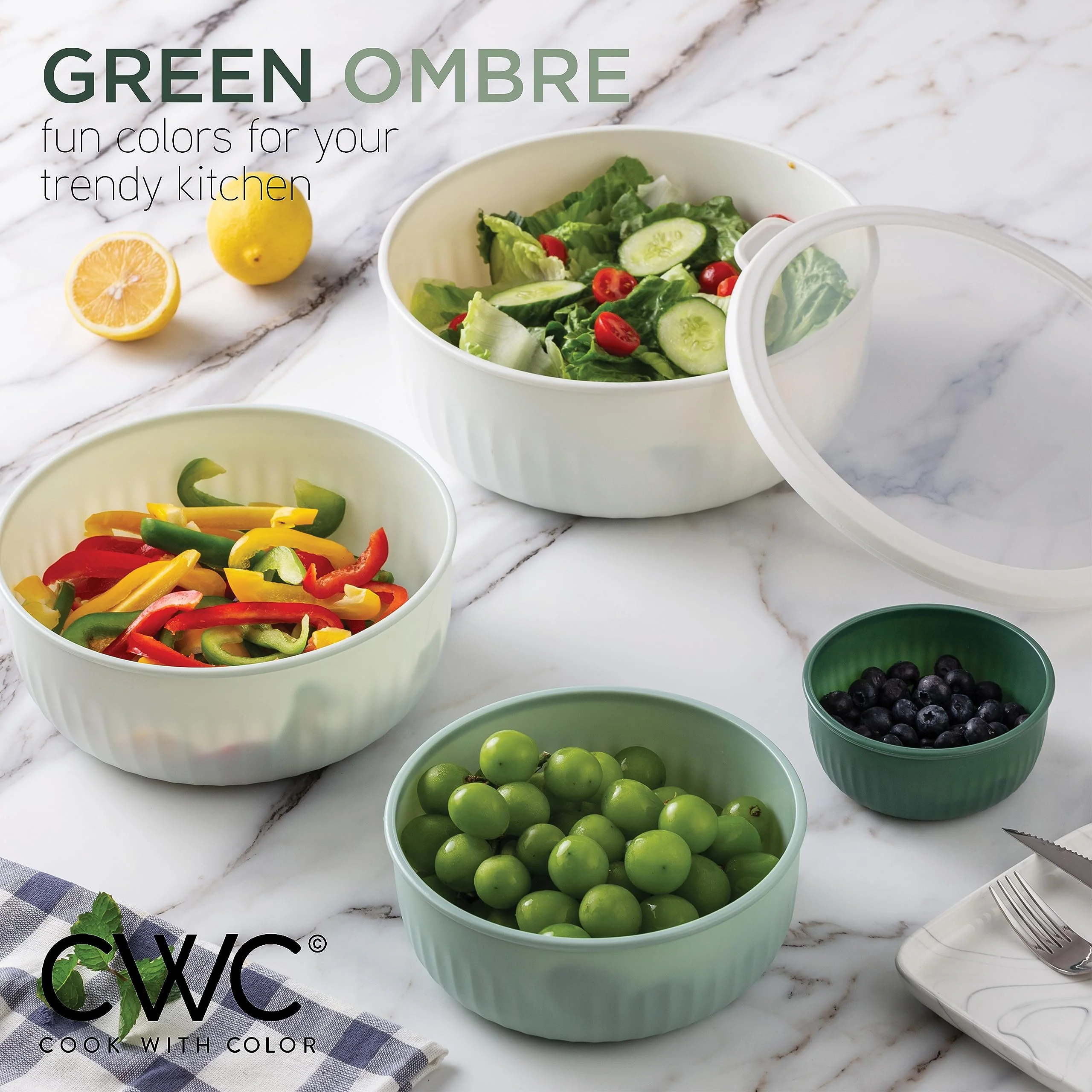 COOK WITH COLOR Prep Bowls with Lids- Wide and Deep Nesting Plastic Small Mixing Bowl Set with Lids, 12 Piece Set - Wide Bowls, Green - Image 5