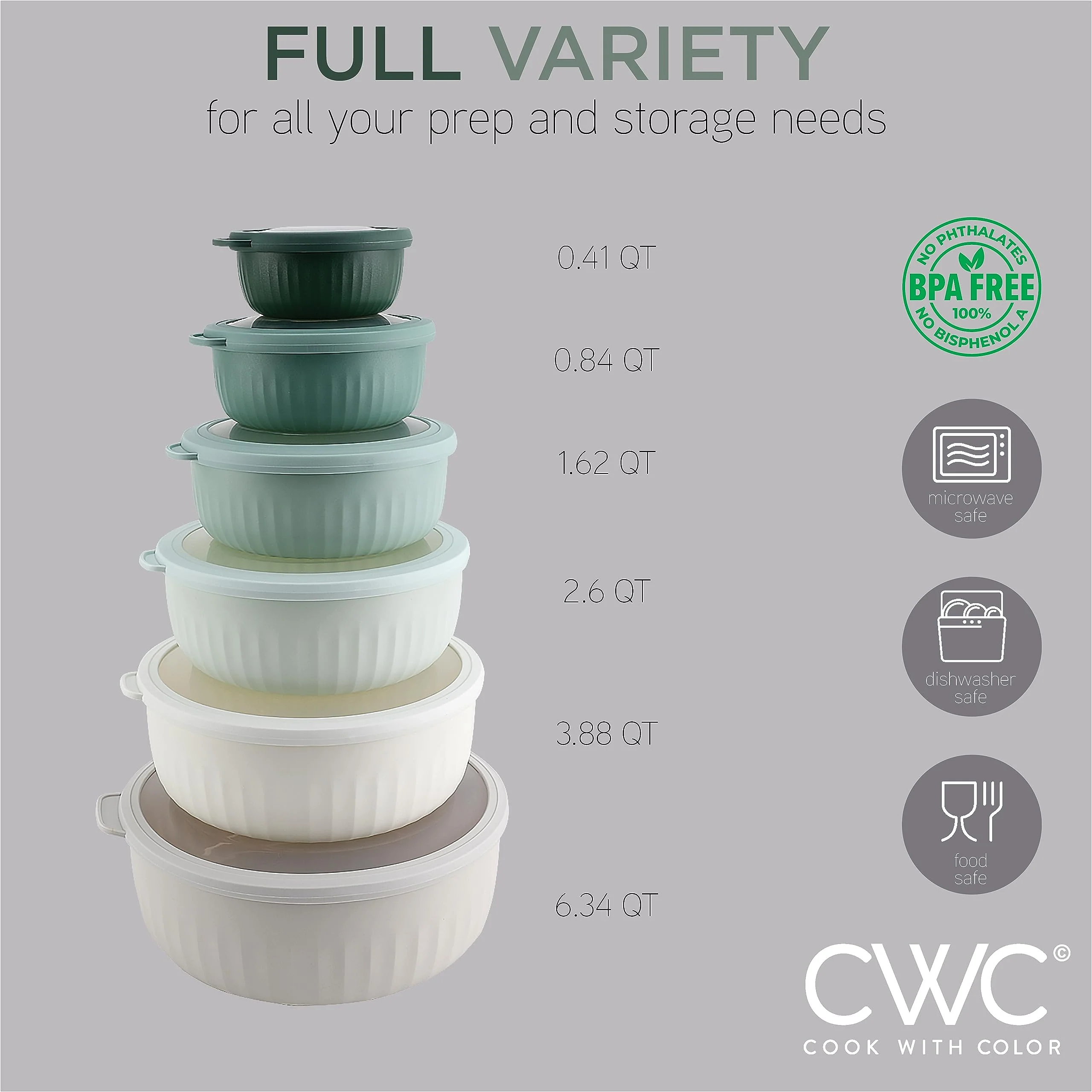 COOK WITH COLOR Prep Bowls with Lids- Wide and Deep Nesting Plastic Small Mixing Bowl Set with Lids, 12 Piece Set - Wide Bowls, Green - Image 6