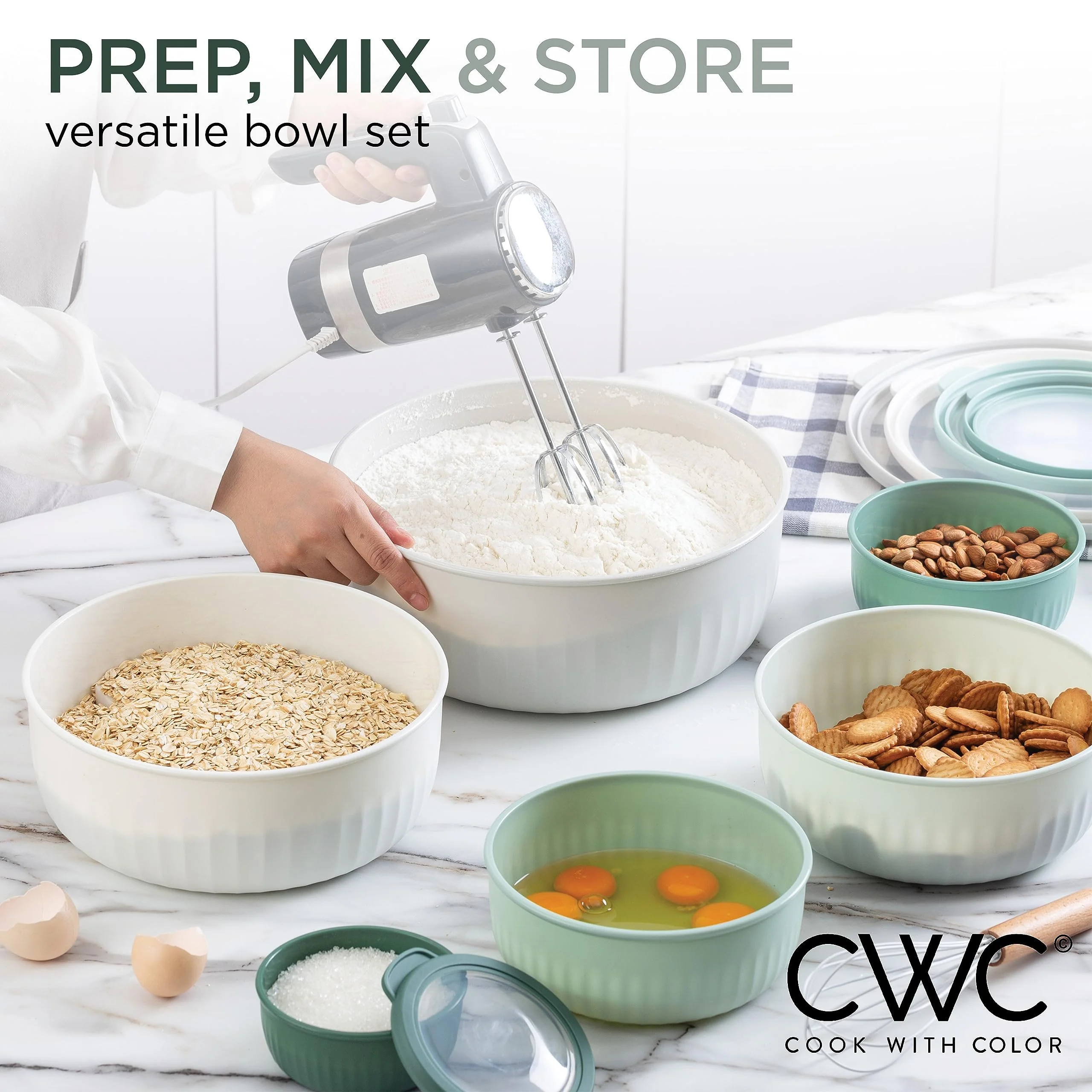 COOK WITH COLOR Prep Bowls with Lids- Wide and Deep Nesting Plastic Small Mixing Bowl Set with Lids, 12 Piece Set - Wide Bowls, Green - Image 7