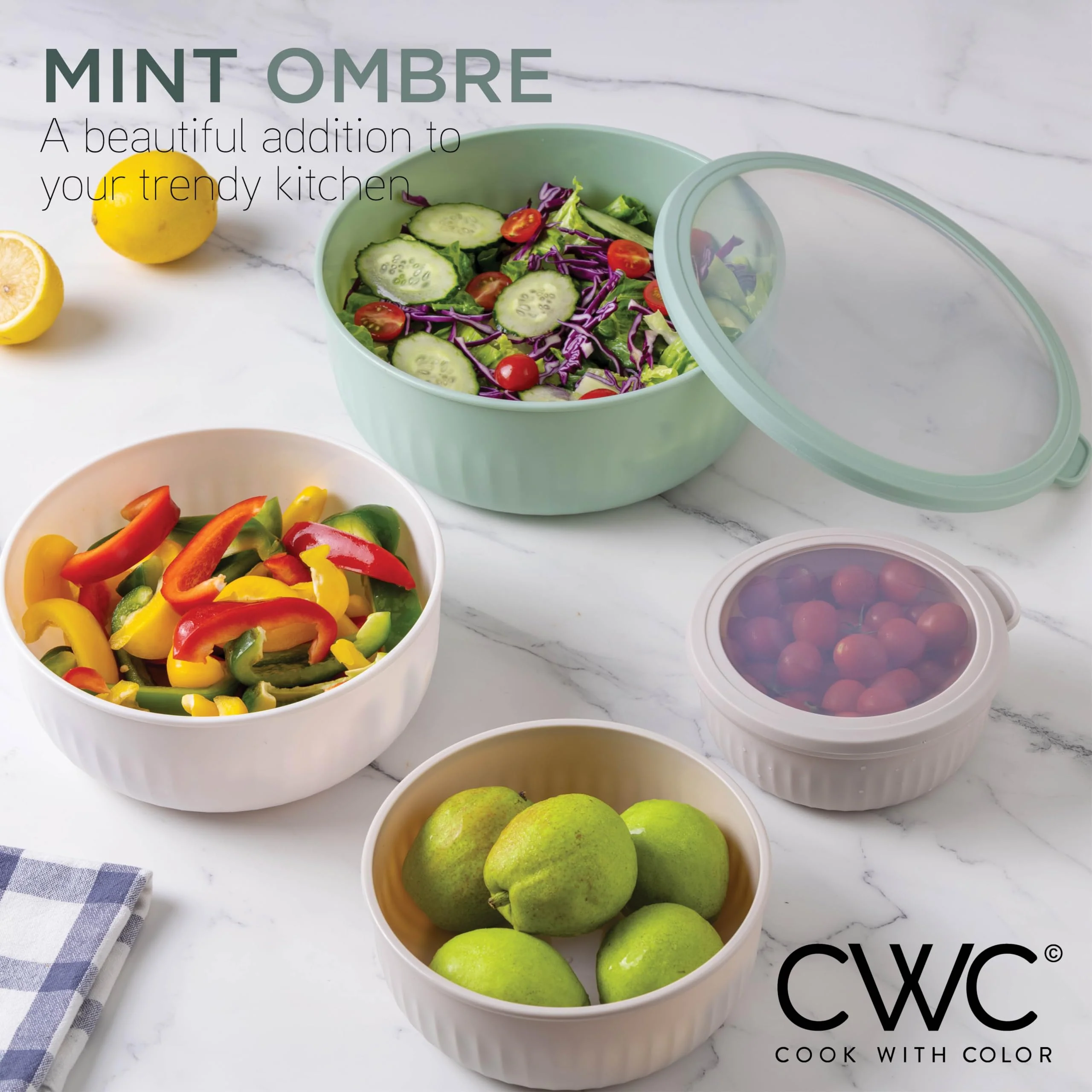 COOK WITH COLOR Prep Bowls with Lids- Wide and Deep Nesting Plastic Small Mixing Bowl Set with Lids, 12 Piece Set - Wide Bowls, Mint - Image 4