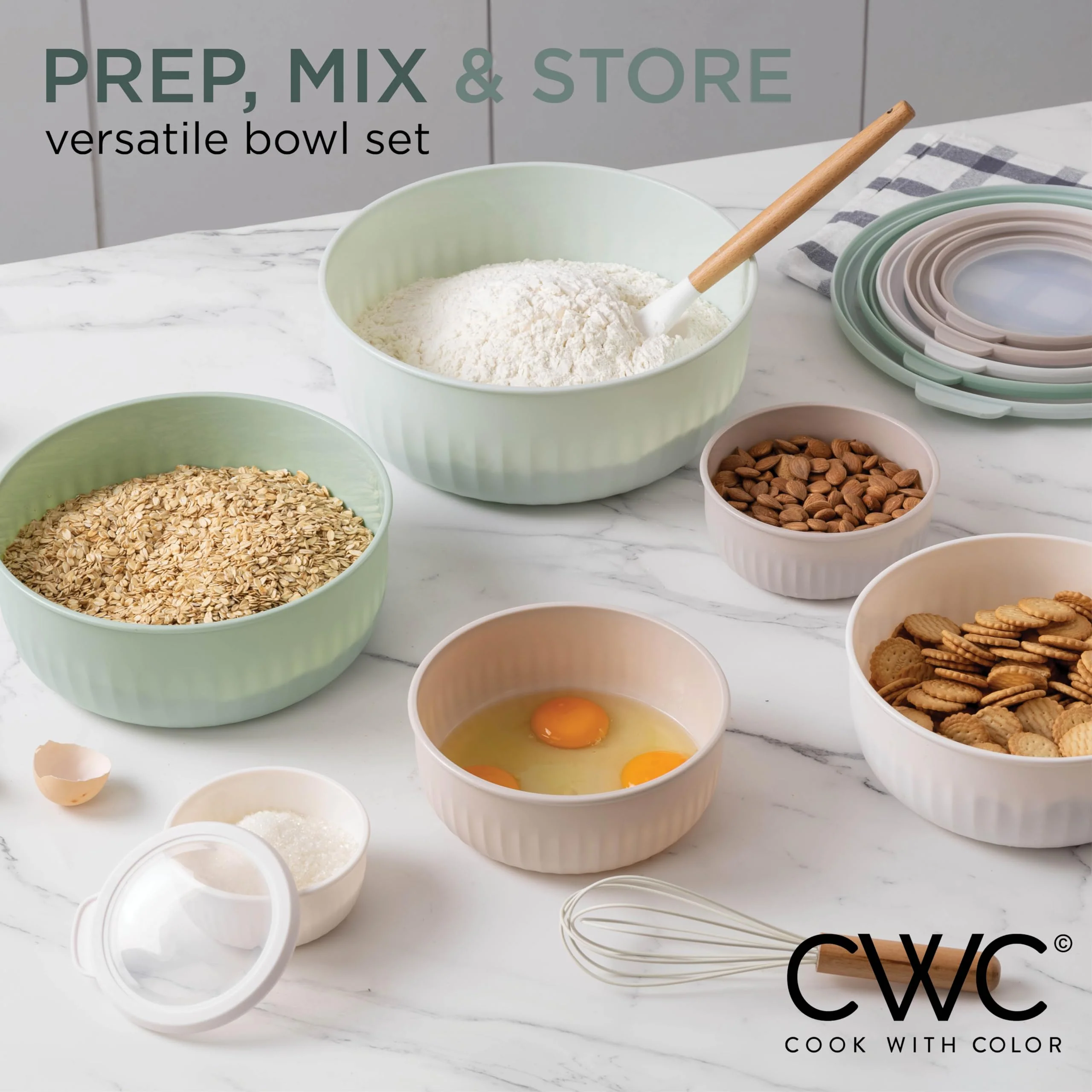 COOK WITH COLOR Prep Bowls with Lids- Wide and Deep Nesting Plastic Small Mixing Bowl Set with Lids, 12 Piece Set - Wide Bowls, Mint - Image 9