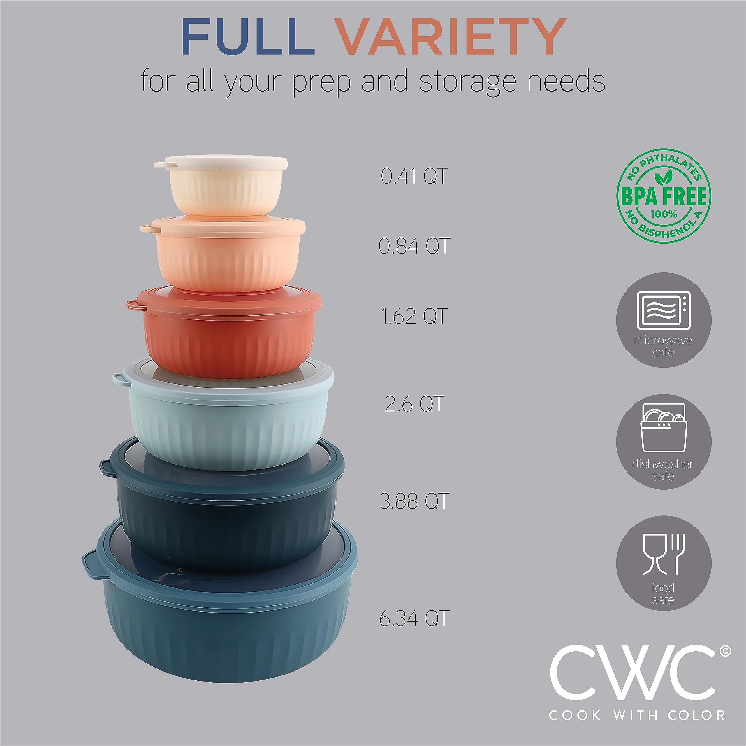 COOK WITH COLOR Prep Bowls with Lids- Wide and Deep Nesting Plastic Small Mixing Bowl Set with Lids, 12 Piece Set - Wide Bowls, Multicolor - Image 4