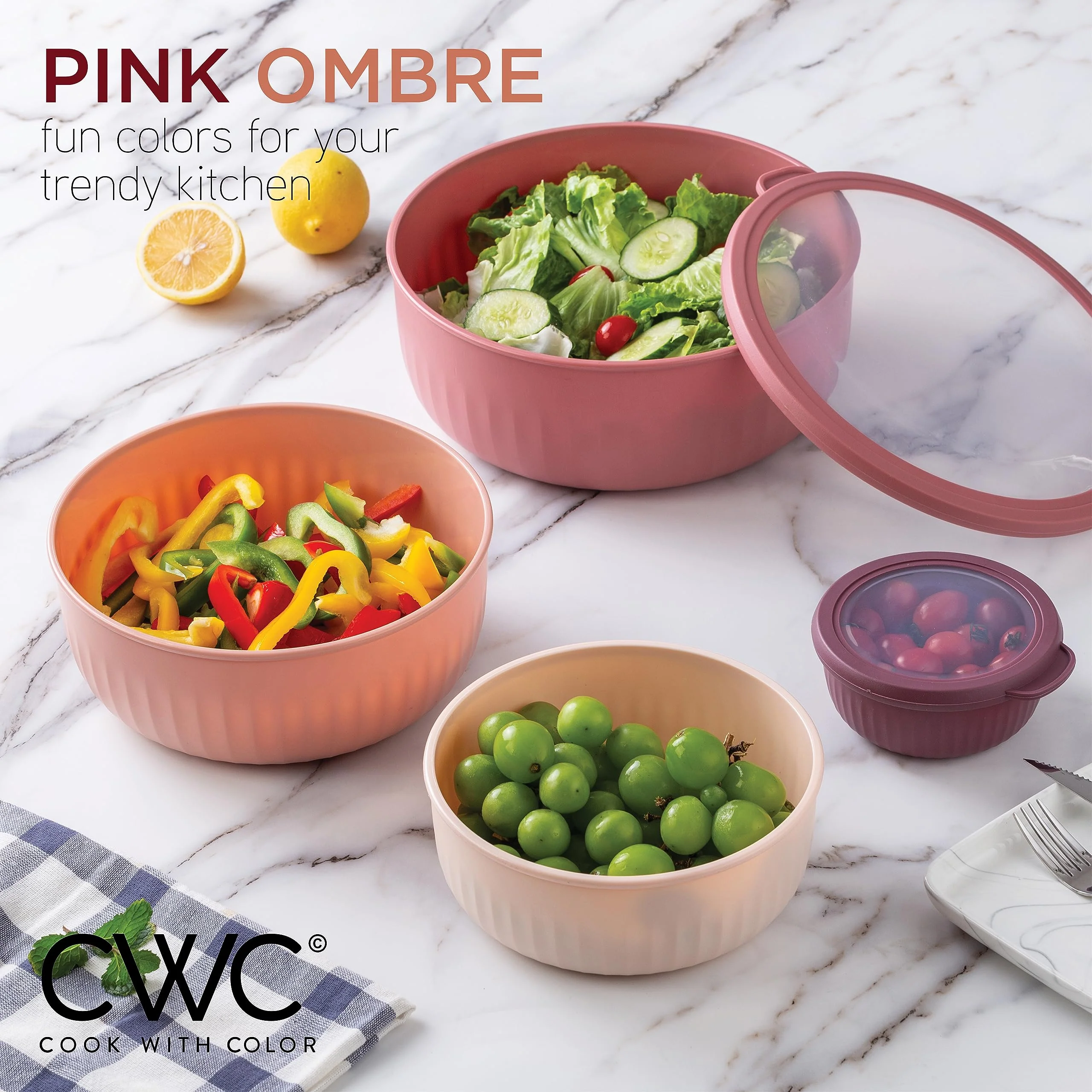 COOK WITH COLOR Prep Bowls with Lids- Wide and Deep Nesting Plastic Small Mixing Bowl Set with Lids, 12 Piece Set - Wide Bowls, Rose - Image 4