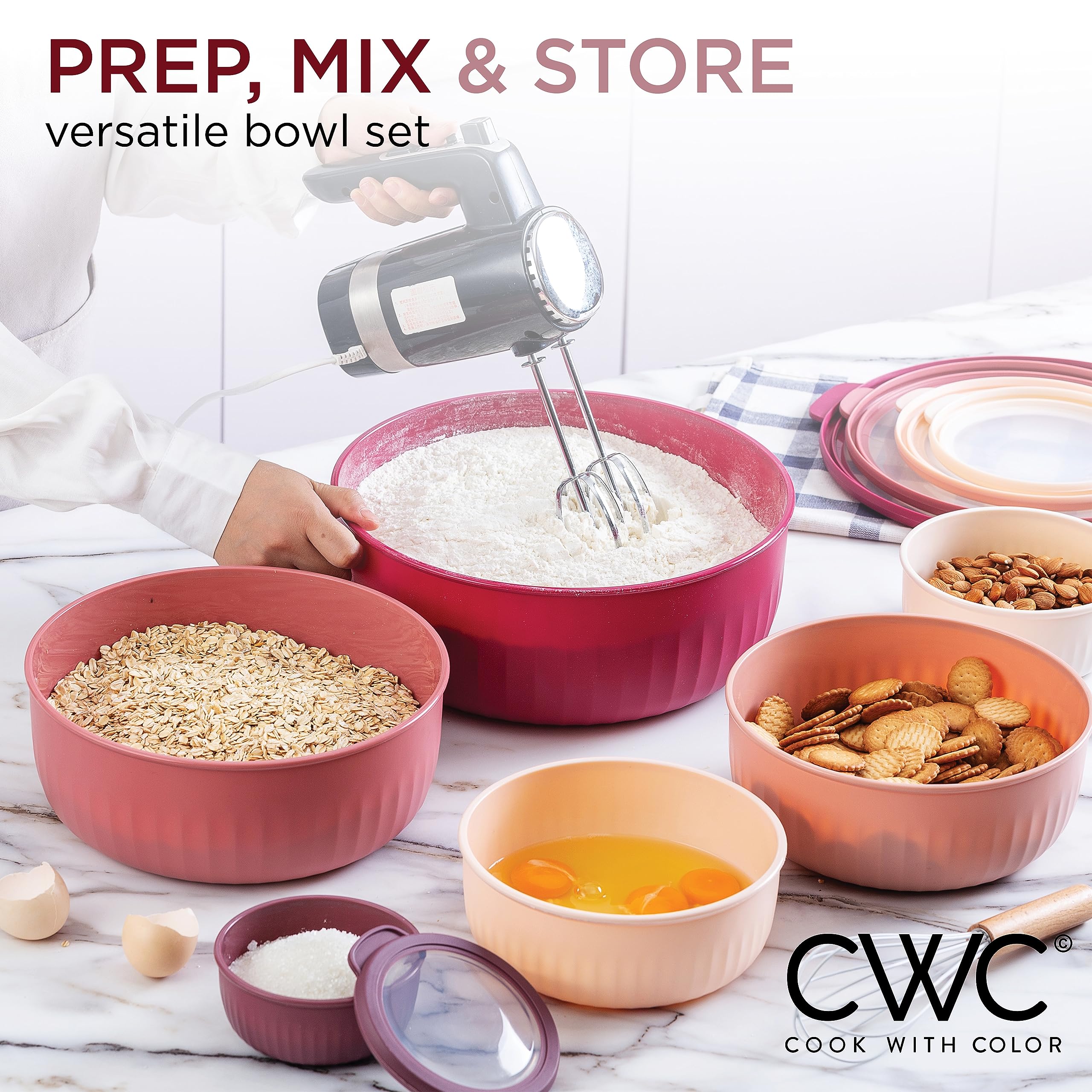 COOK WITH COLOR Prep Bowls with Lids- Wide and Deep Nesting Plastic Small Mixing Bowl Set with Lids, 12 Piece Set - Wide Bowls, Rose - Image 8