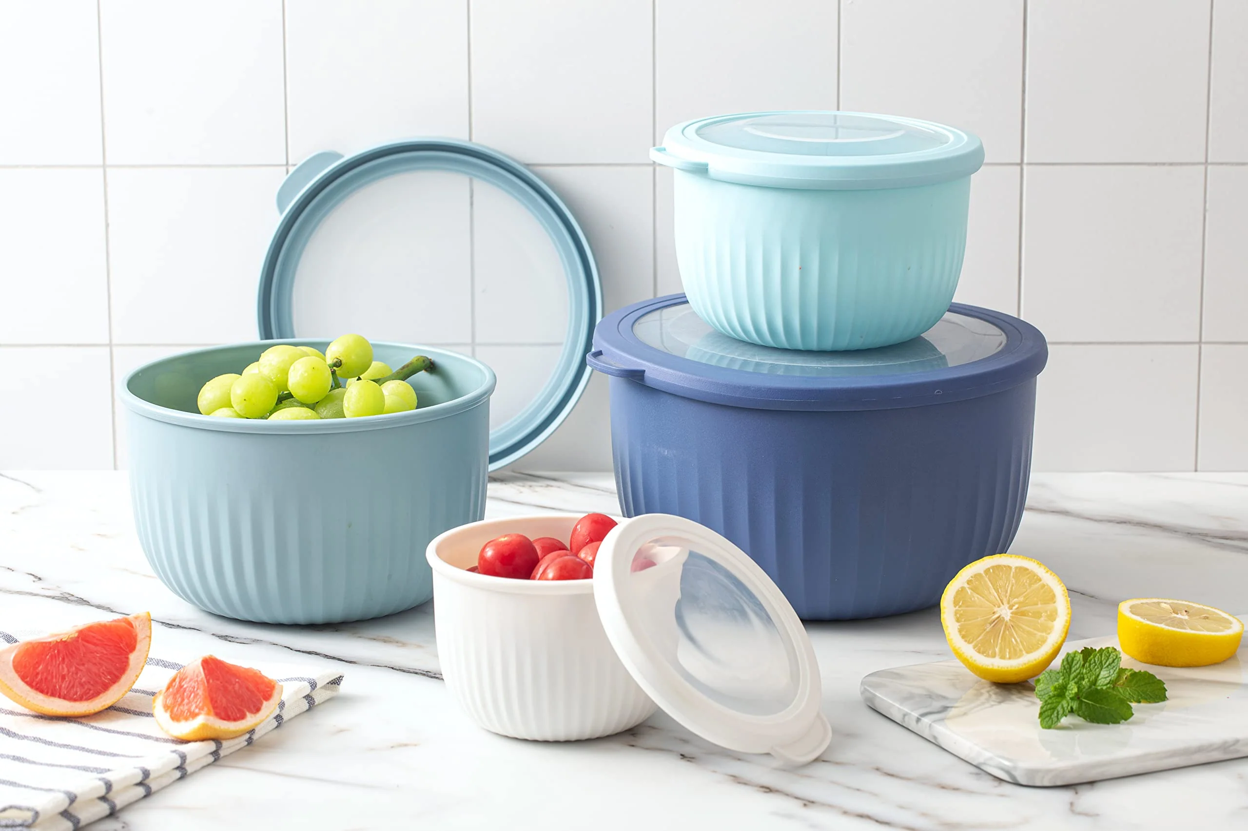 COOK WITH COLOR Prep Bowls with Lids- Wide and Deep Nesting Plastic Small Mixing Bowl Set with Lids, 8 Piece Set - Deep Bowls, Blue - Image 4