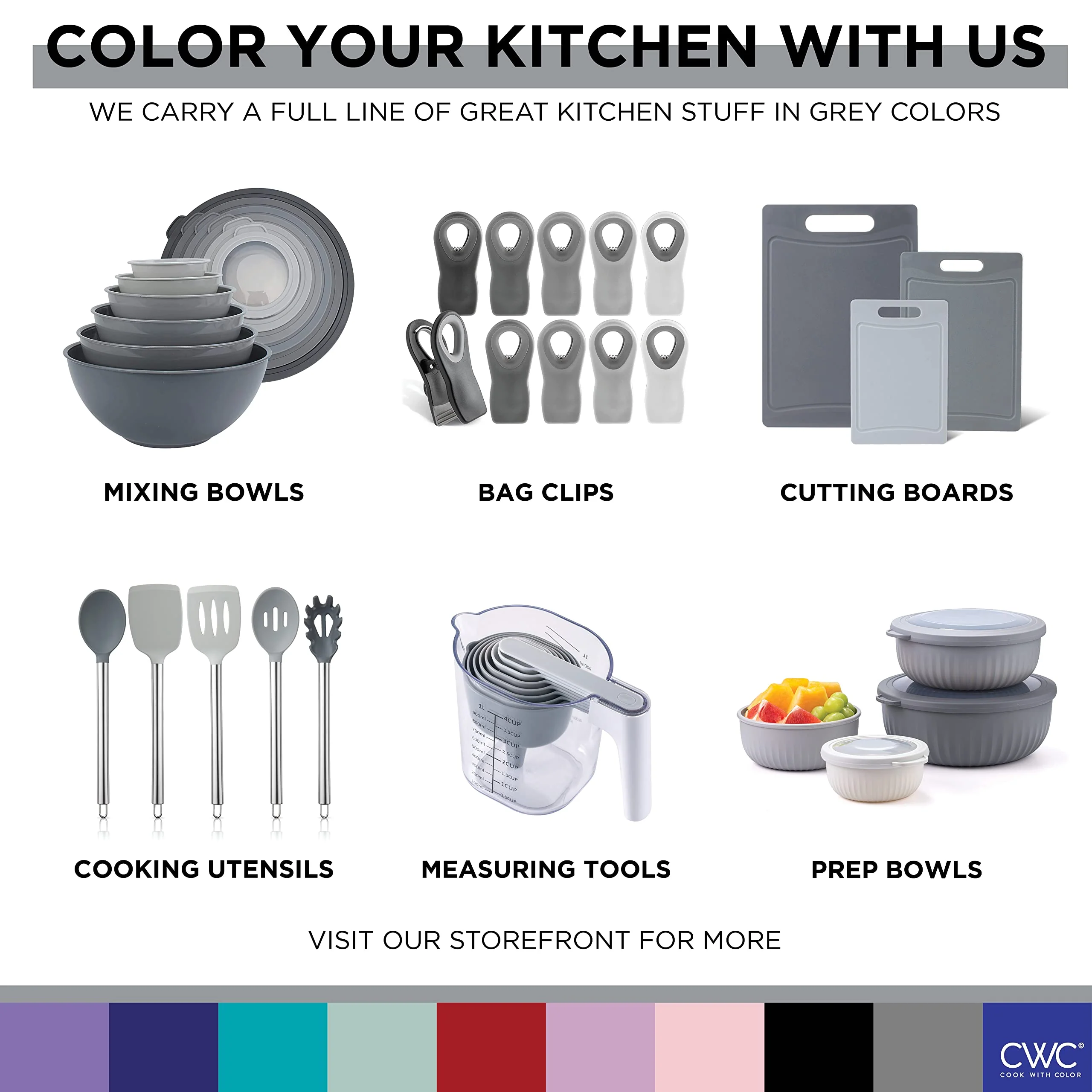 COOK WITH COLOR Prep Bowls with Lids- Wide and Deep Nesting Plastic Small Mixing Bowl Set with Lids, 8 Piece Set - Deep Bowls, Gray - Image 2