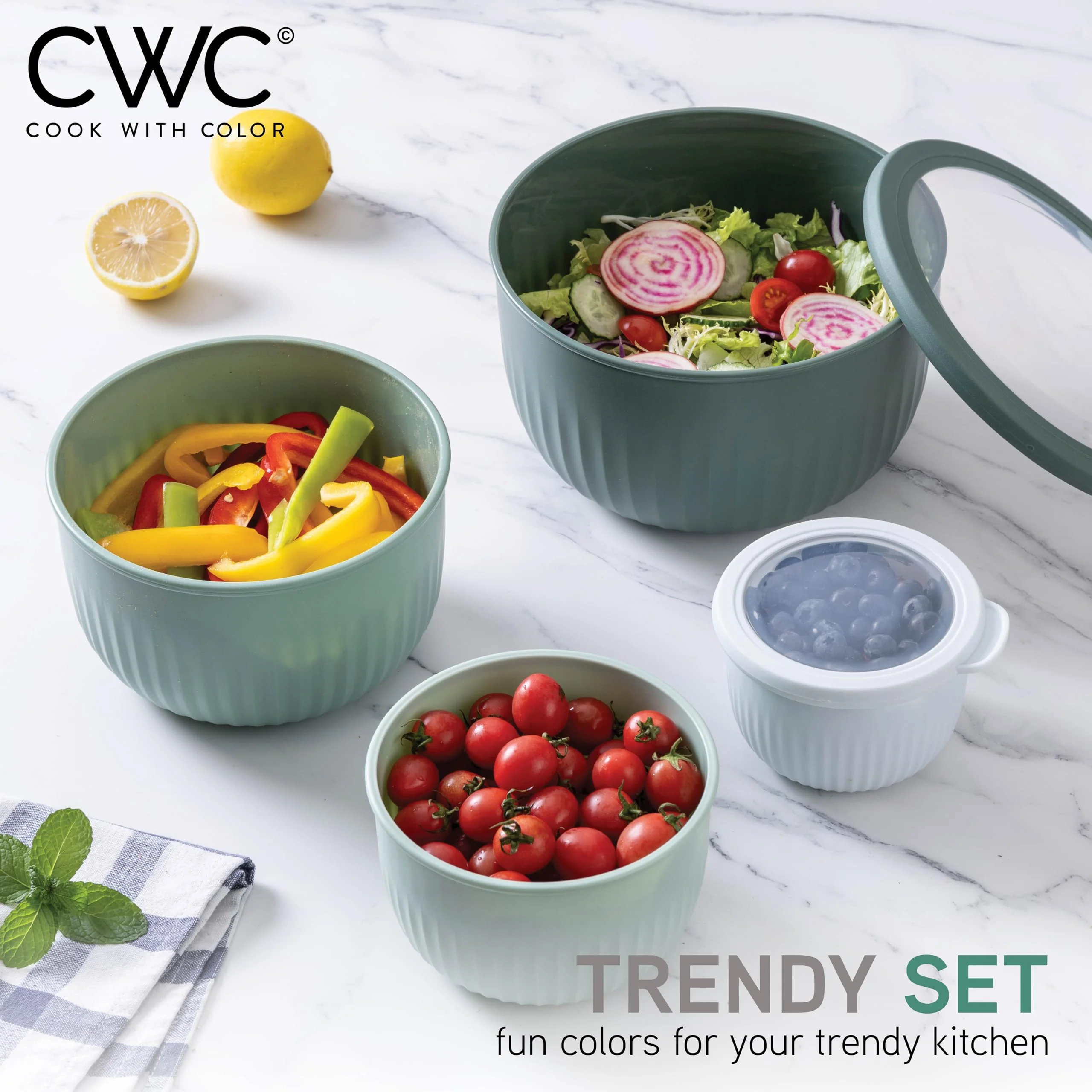 COOK WITH COLOR Prep Bowls with Lids- Wide and Deep Nesting Plastic Small Mixing Bowl Set with Lids, 8 Piece Set - Deep Bowls, Sage - Image 7