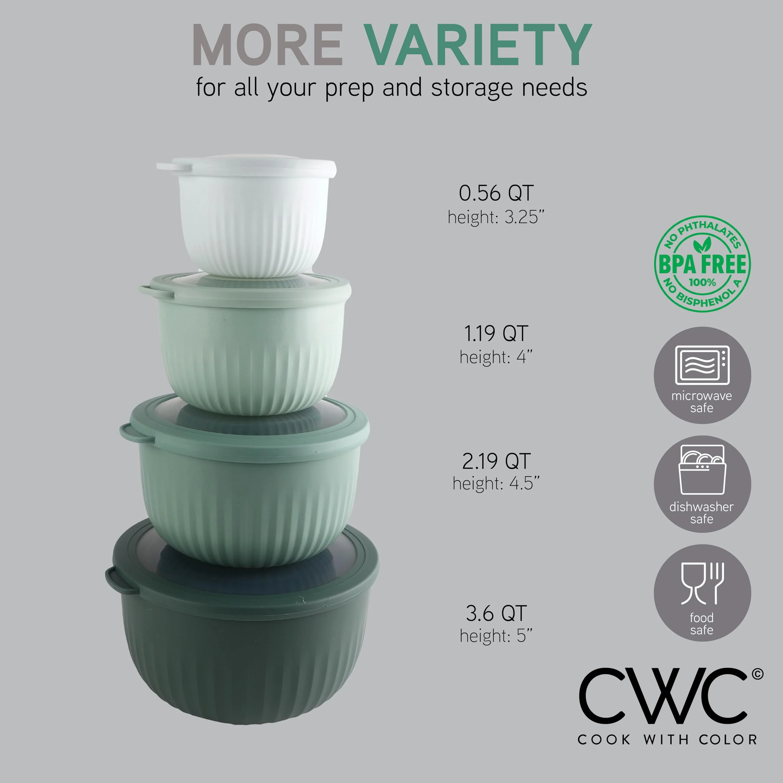 COOK WITH COLOR Prep Bowls with Lids- Wide and Deep Nesting Plastic Small Mixing Bowl Set with Lids, 8 Piece Set - Deep Bowls, Sage - Image 8